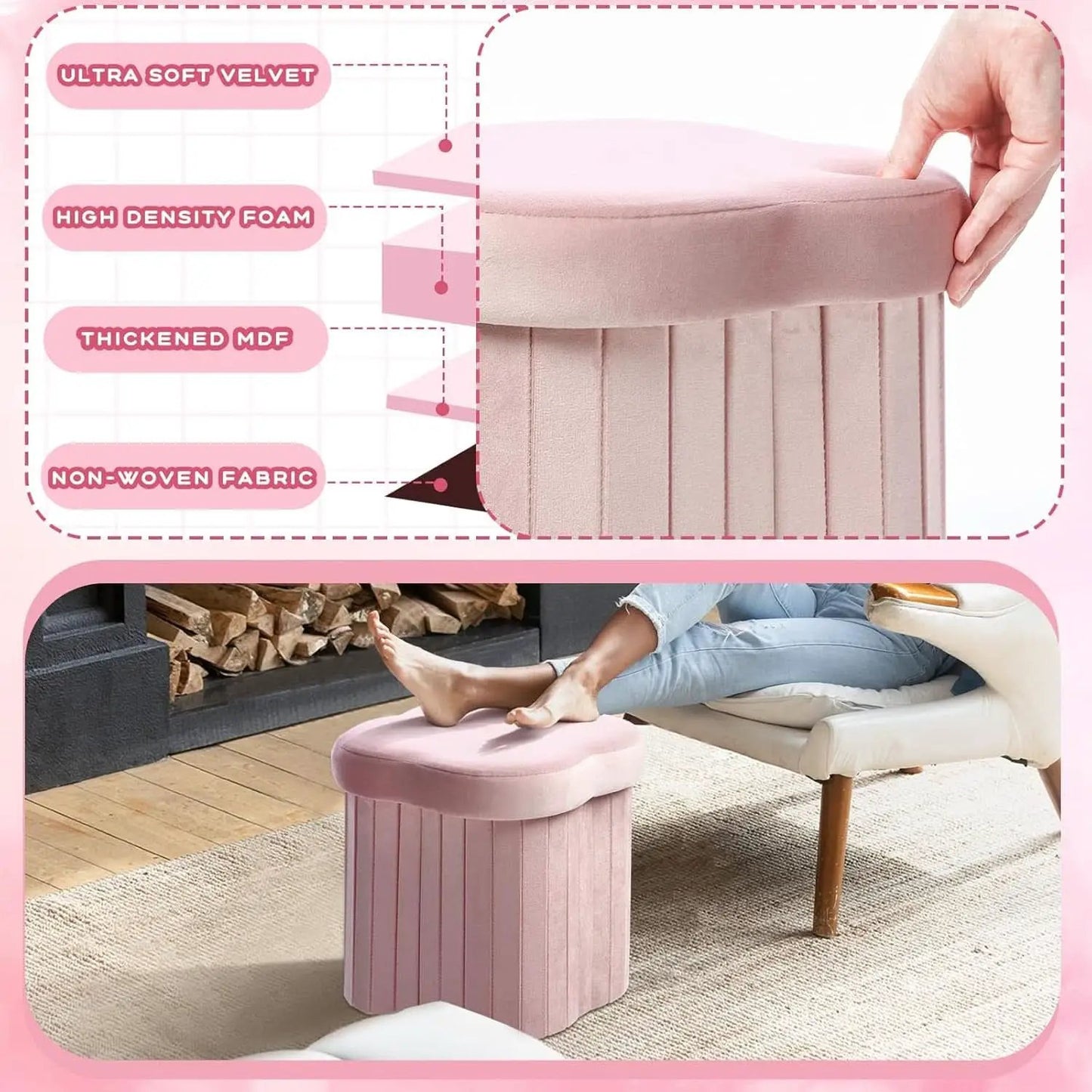 Flower Shaped Velvet Foldable Storage Ottoman Pink from PriceLows™