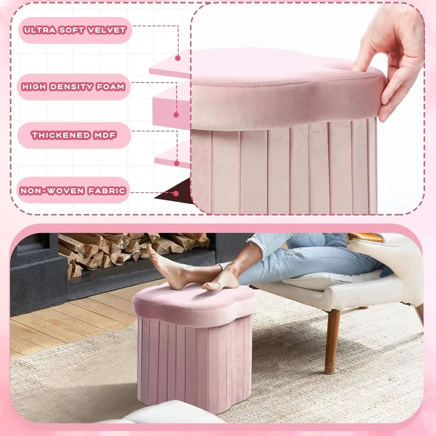 Flower Shaped Velvet Foldable Storage Ottoman Pink from PriceLows™
