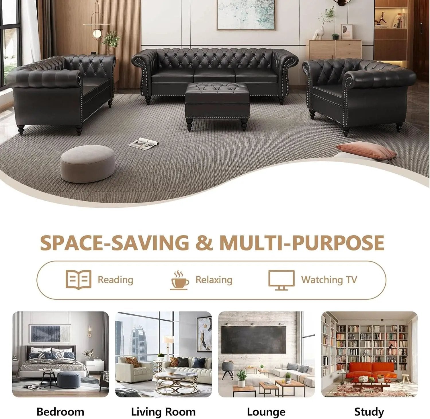 3 Piece Living Room Set Sectional Chesterfield Sofa Chair Artificial Leather Black from PriceLows™