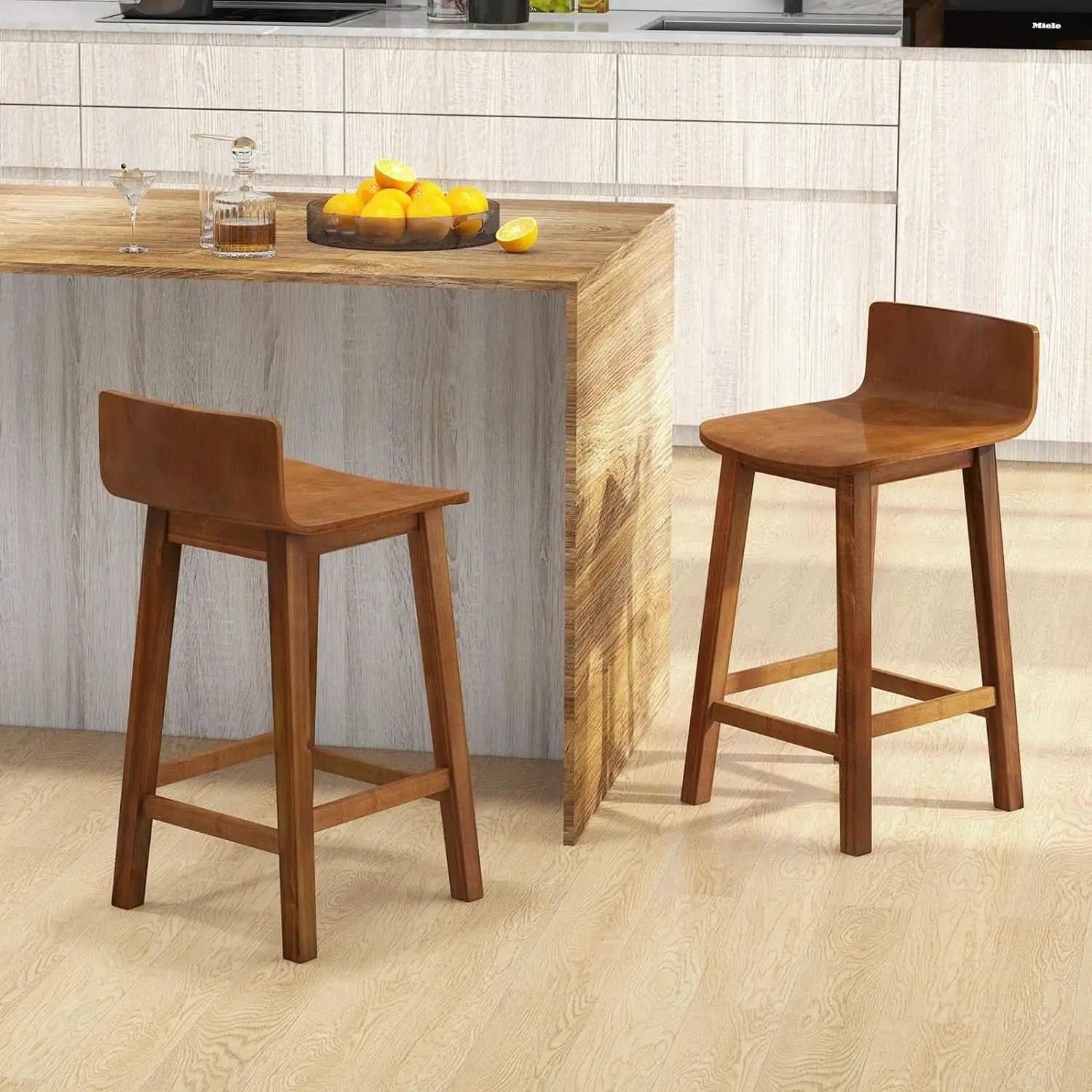 24.5 Inch Counter Height Farmhouse Wooden Bar Stool Set Of 2 With Brown Footrest And Low Back from PriceLows™