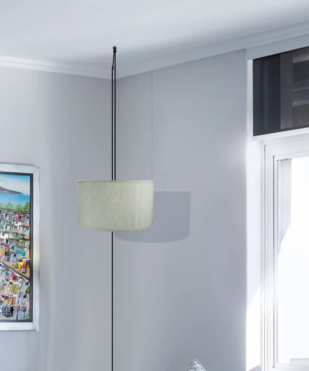 Plug In Pendant Light | 1 Light | 16 Inch Oatmeal Shade | 17 Foot Black Cord
