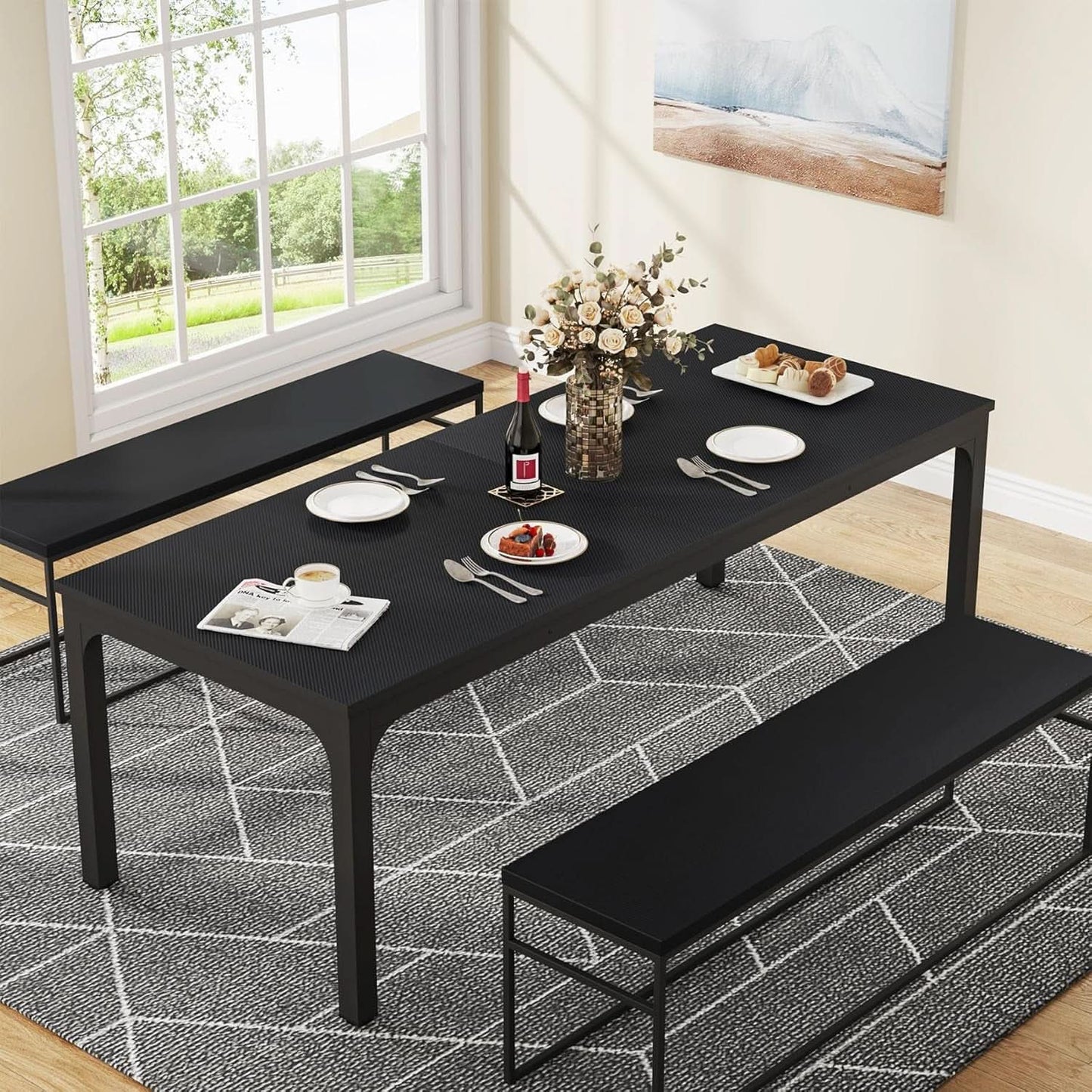 Black 78 Inch Rectangle Dining Table For 6 To 8 People from PriceLows™