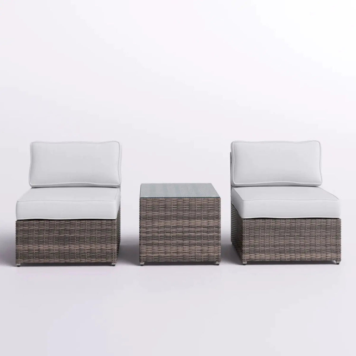 Modern Wicker Outdoor Seating Set | 3-Piece | Glass-Top Coffee Table | 5 Inch Cushions