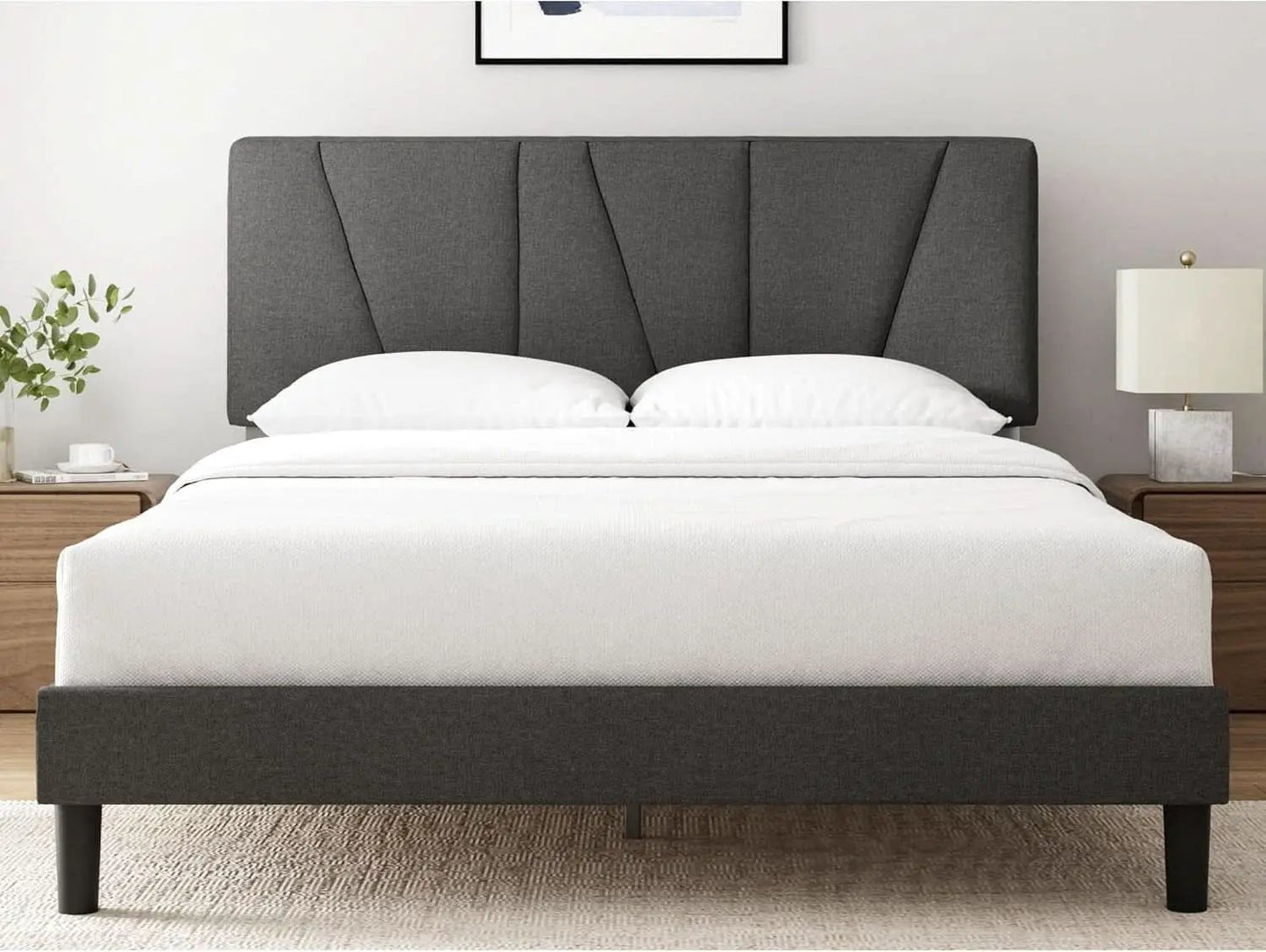 Queen Size Upholstered Bed Frame With Asymmetric Headboard from PriceLows™