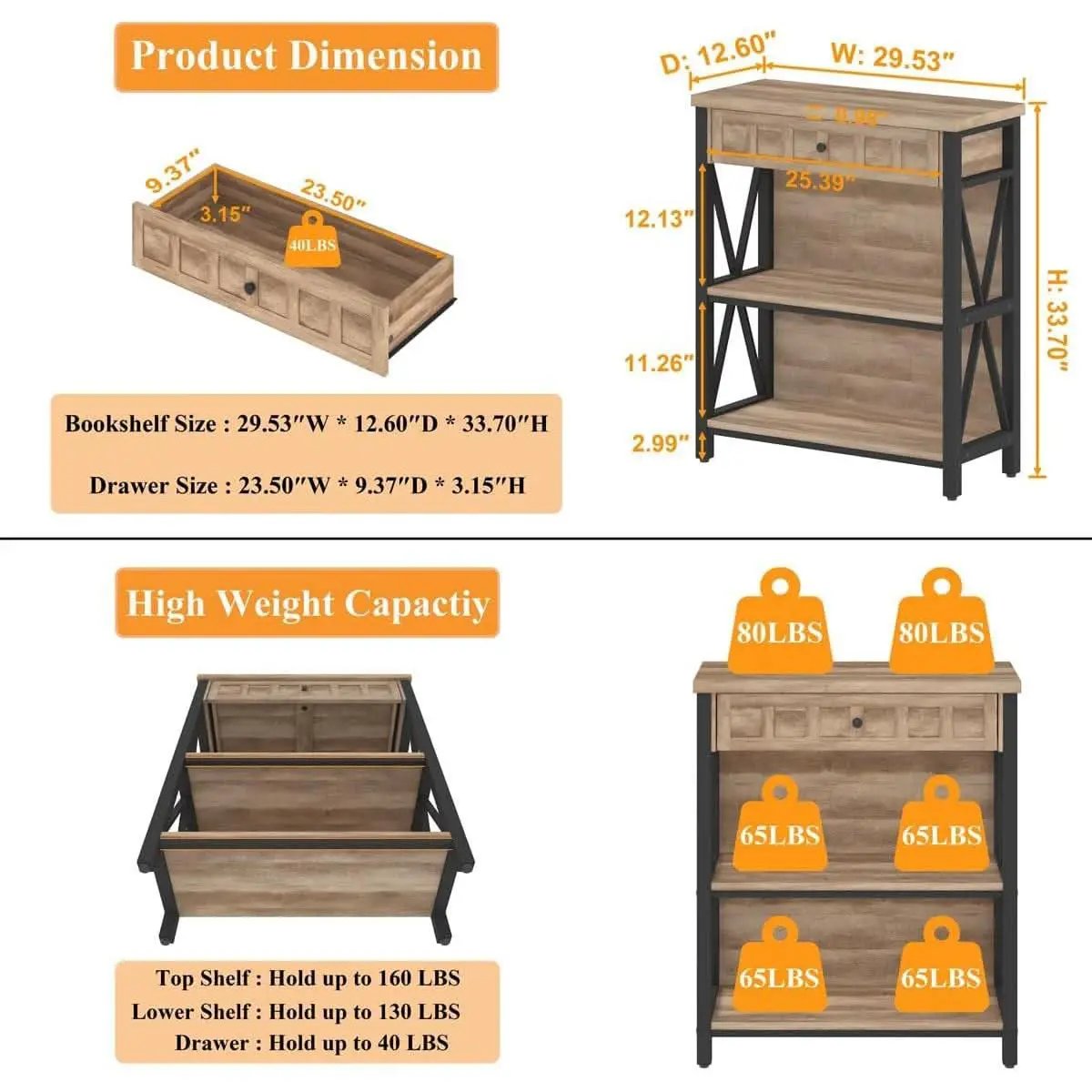Rustic Oak 3 Tier Bookshelf With Drawer Industrial Wood And Metal Bookcase from PriceLows™