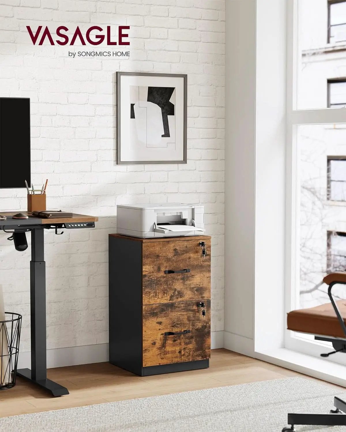 Two Drawer File Cabinet With Lock Printer Stand For A4 And Letter Size Files Rustic Brown And Black from PriceLows™