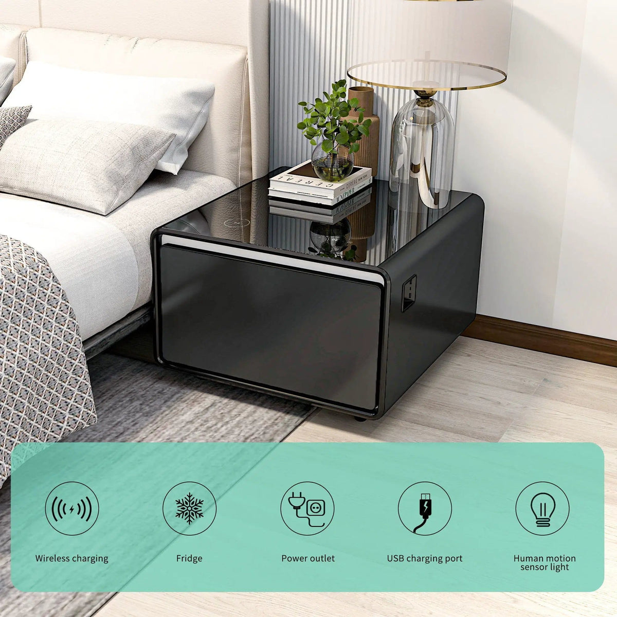 Modern Smart Side Table With Built-In Fridge, Wireless Charging, Temperature | 26.5 x 27.76 x 18.11 in | Living Room Furniture | Living Room