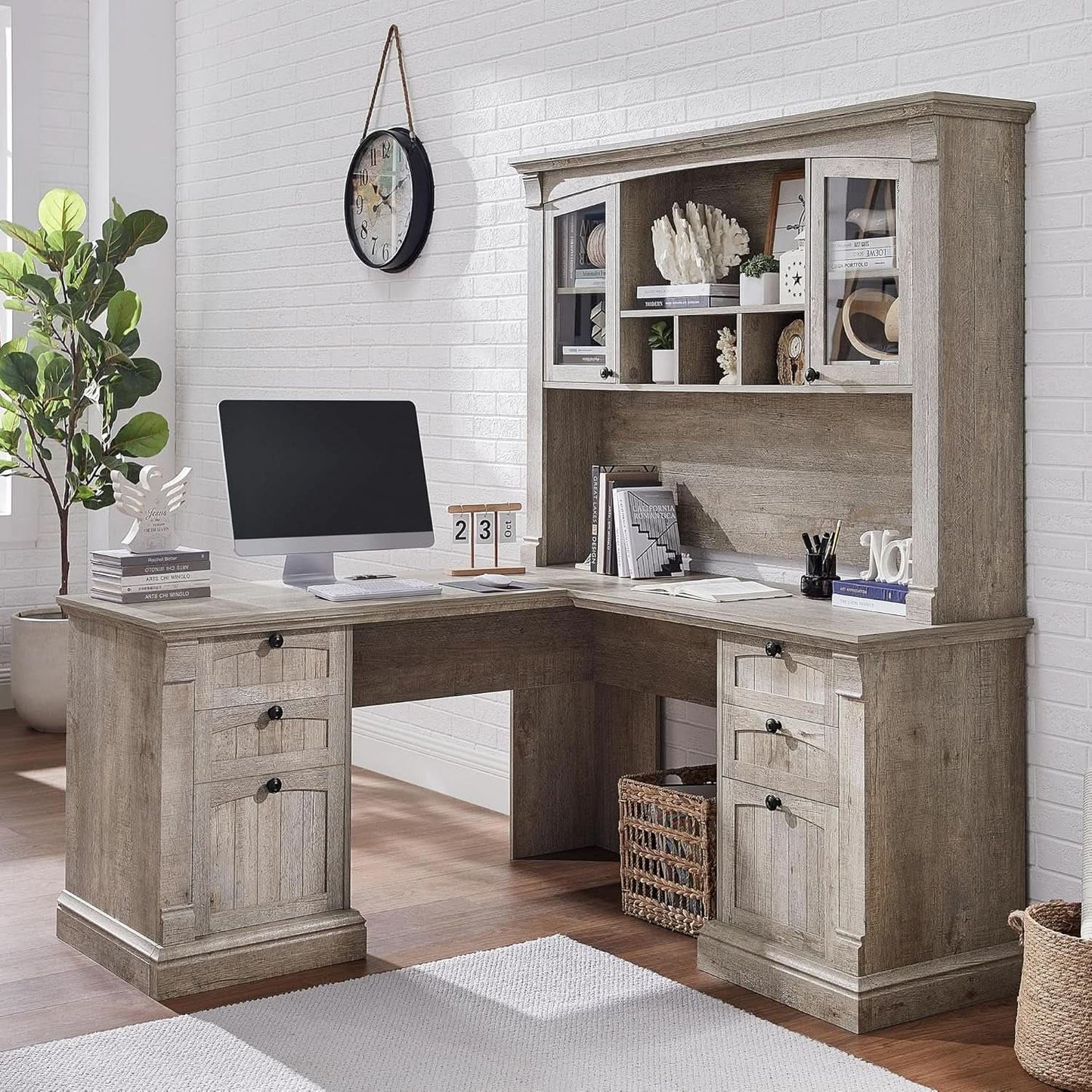 60-Inch L-Shaped Desk With Hutch Light Rustic Oak Finish from PriceLows™
