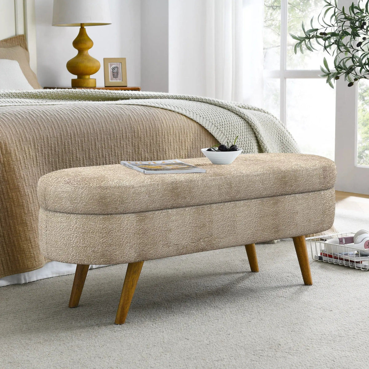 Oval Storage Ottoman Bench | Rubber Wood Legs | Pleated Dark Fabric | Footstool Or Extra Seating