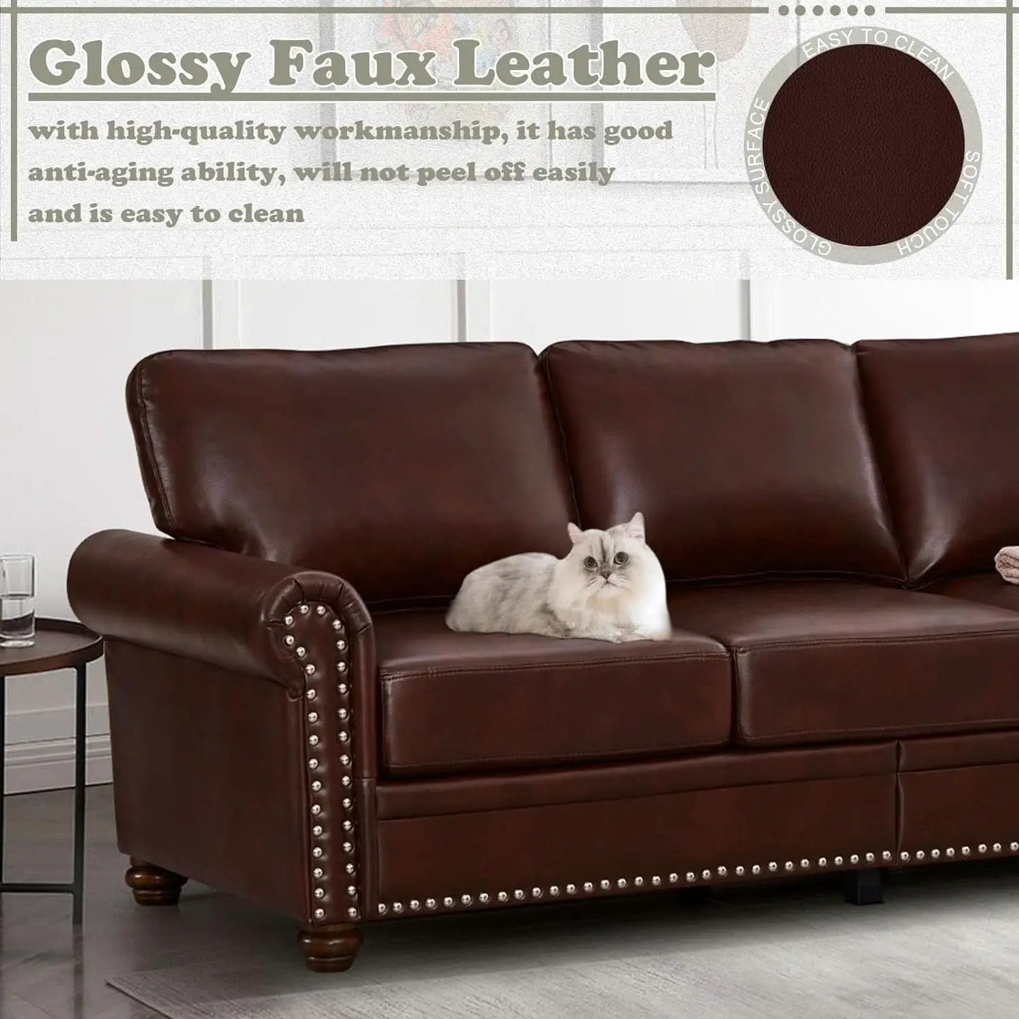 Two Piece Upholstered PU Leather Sofa Set With Hidden Storage Red Brown Mid Century Modern Living Room Furniture from PriceLows™