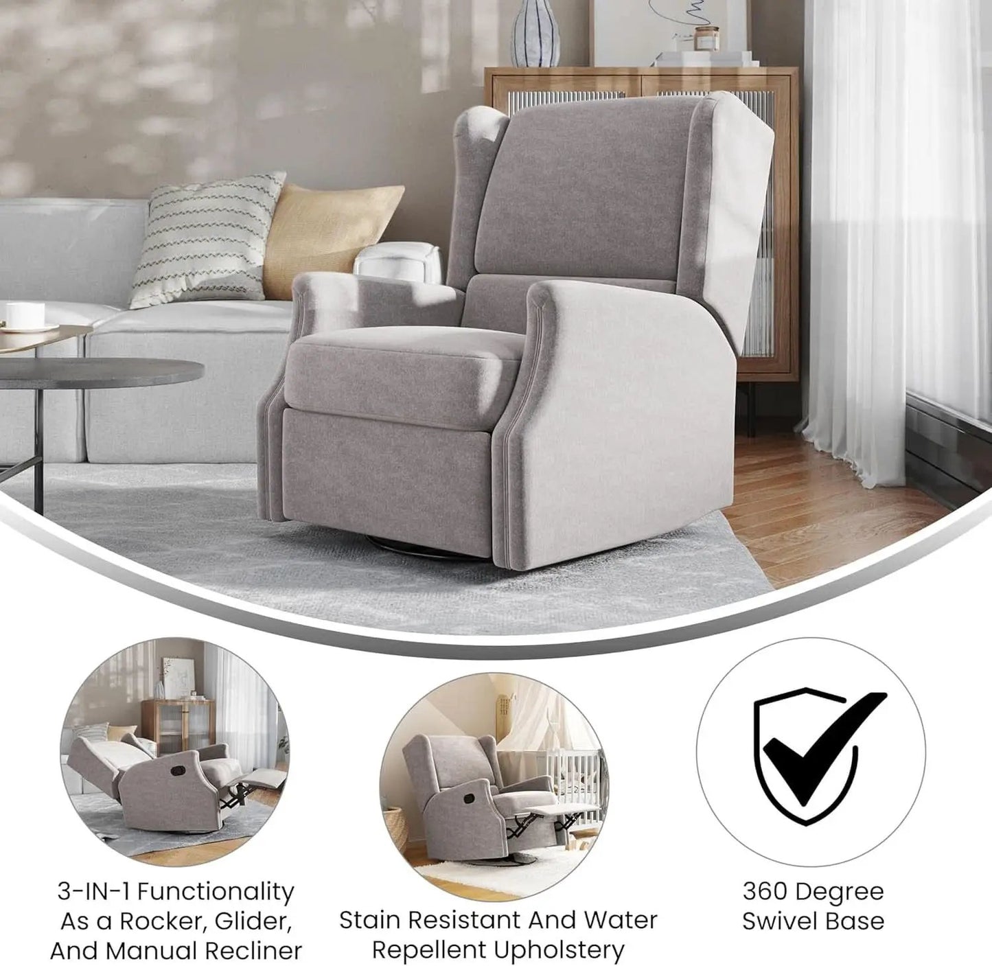 Omma Swivel Glider Rocking Recliner 360 Degree Swivel Light Gray from PriceLows™