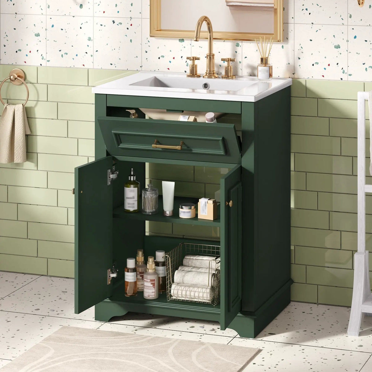 Bathroom Vanity With Integrated Sink, 2 Door Cabinet With Tip Out Drawer | 3 Pieces | Solid Wood & Iron | Bathroom