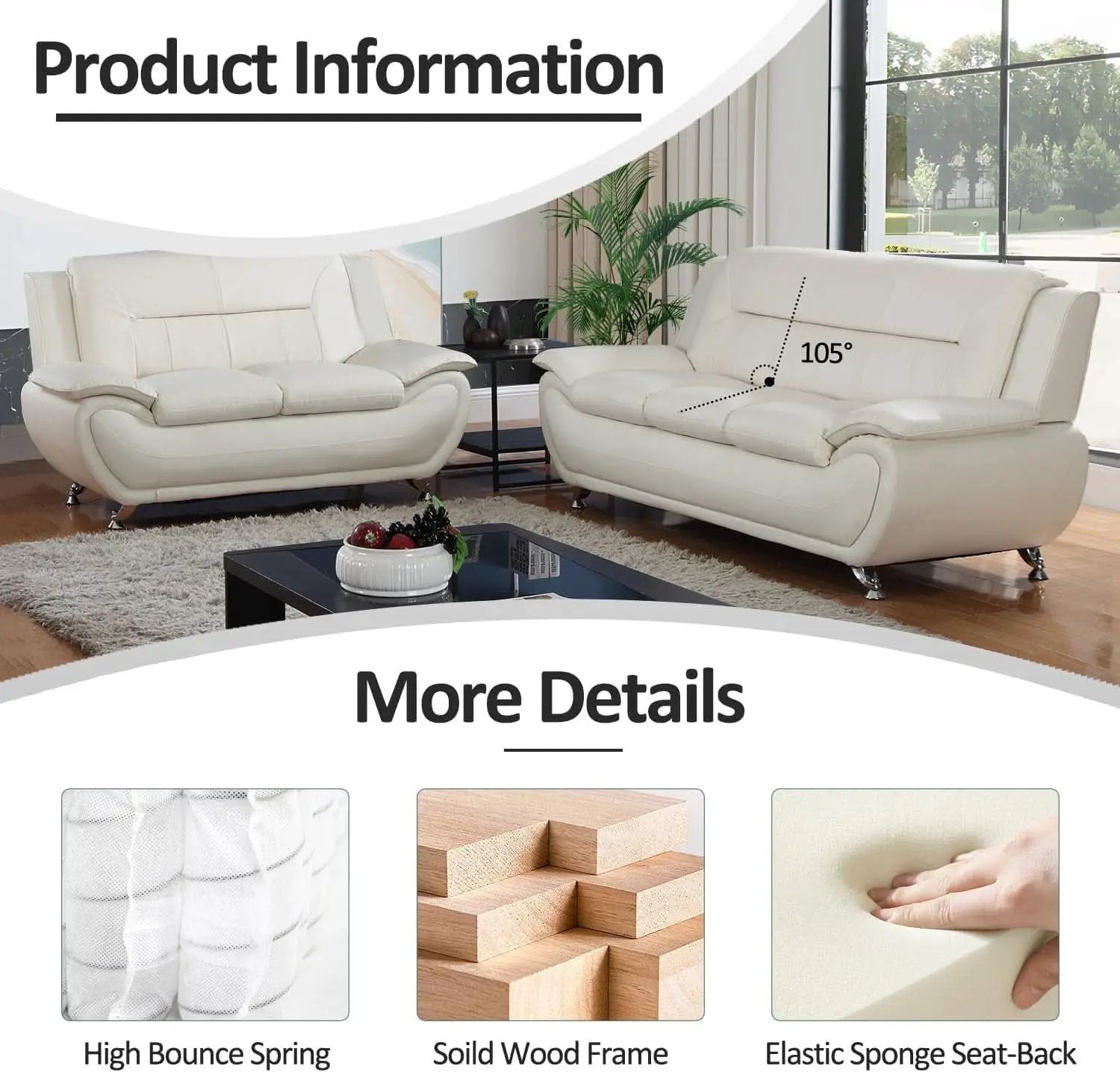Faux Leather 3 Piece Modern Living Room Sofa Set White from PriceLows™