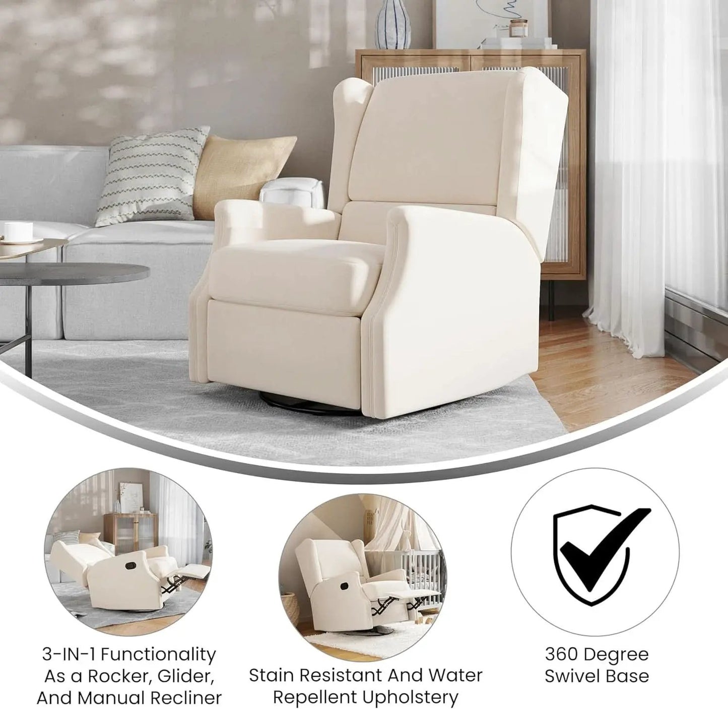 Omma Swivel Glider Rocking Recliner Cream Upholstered 3In1 from PriceLows™