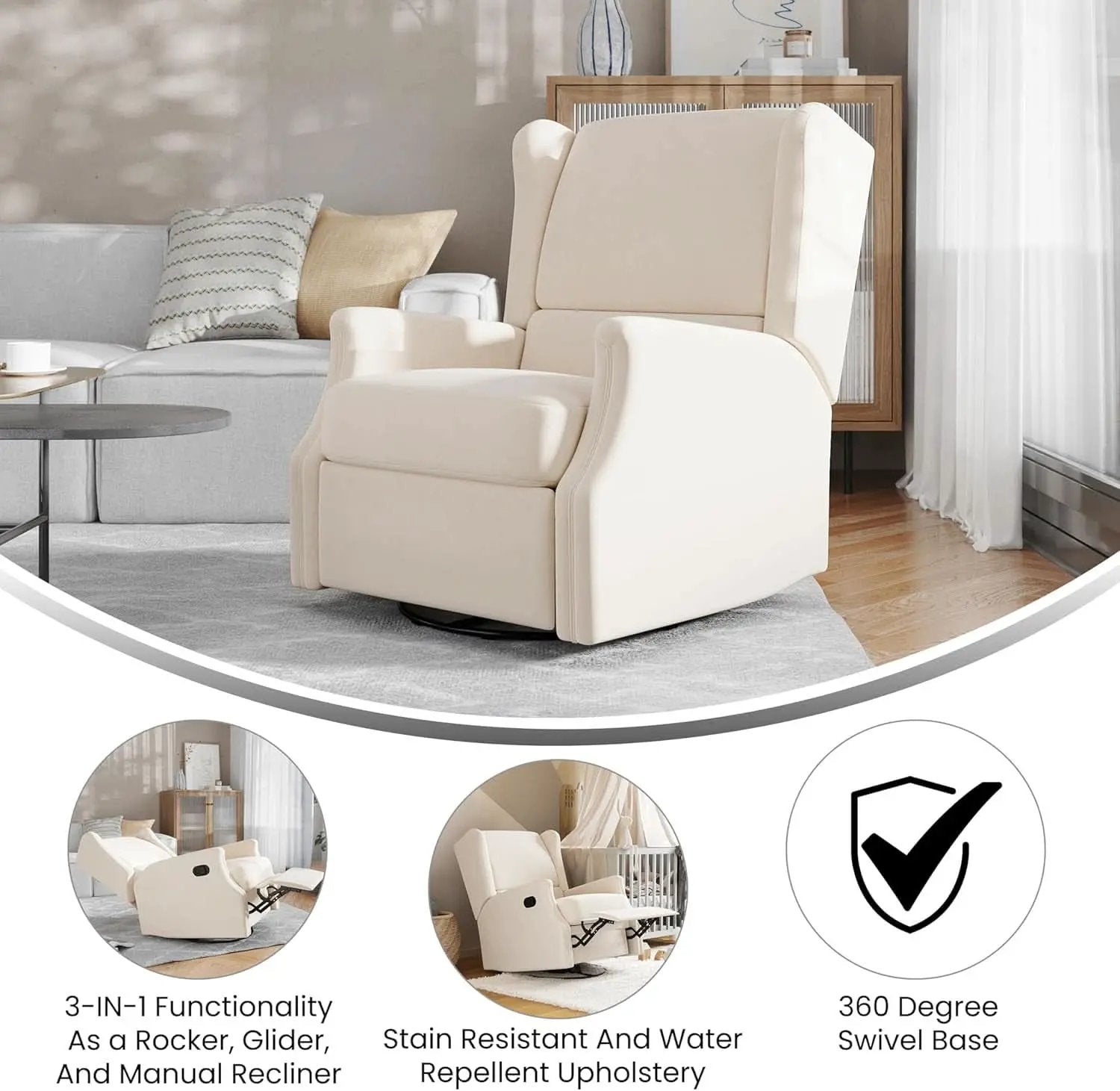 Omma Swivel Glider Rocking Recliner Cream Upholstered 3In1 from PriceLows™