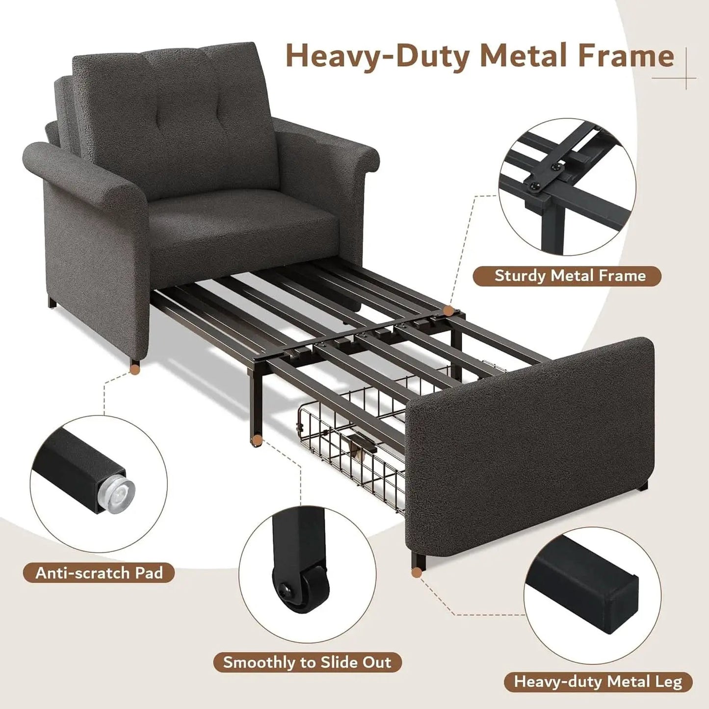 Dark Gray Lambswool Fabric Textured Sofa Bed Chair Storage from PriceLows™