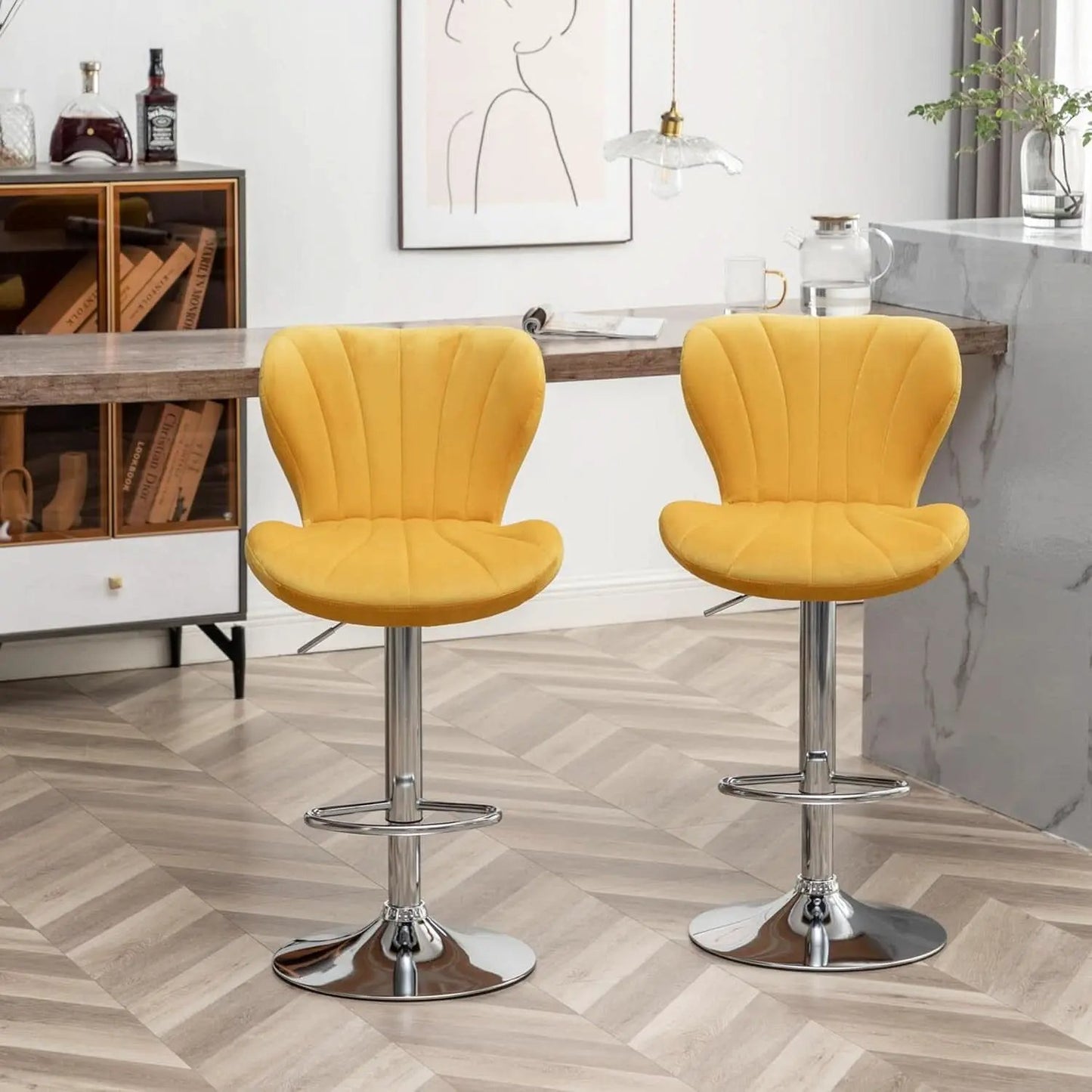 Yellow Adjustable Swivel Bar Stools Set Of 2 For Kitchen from PriceLows™