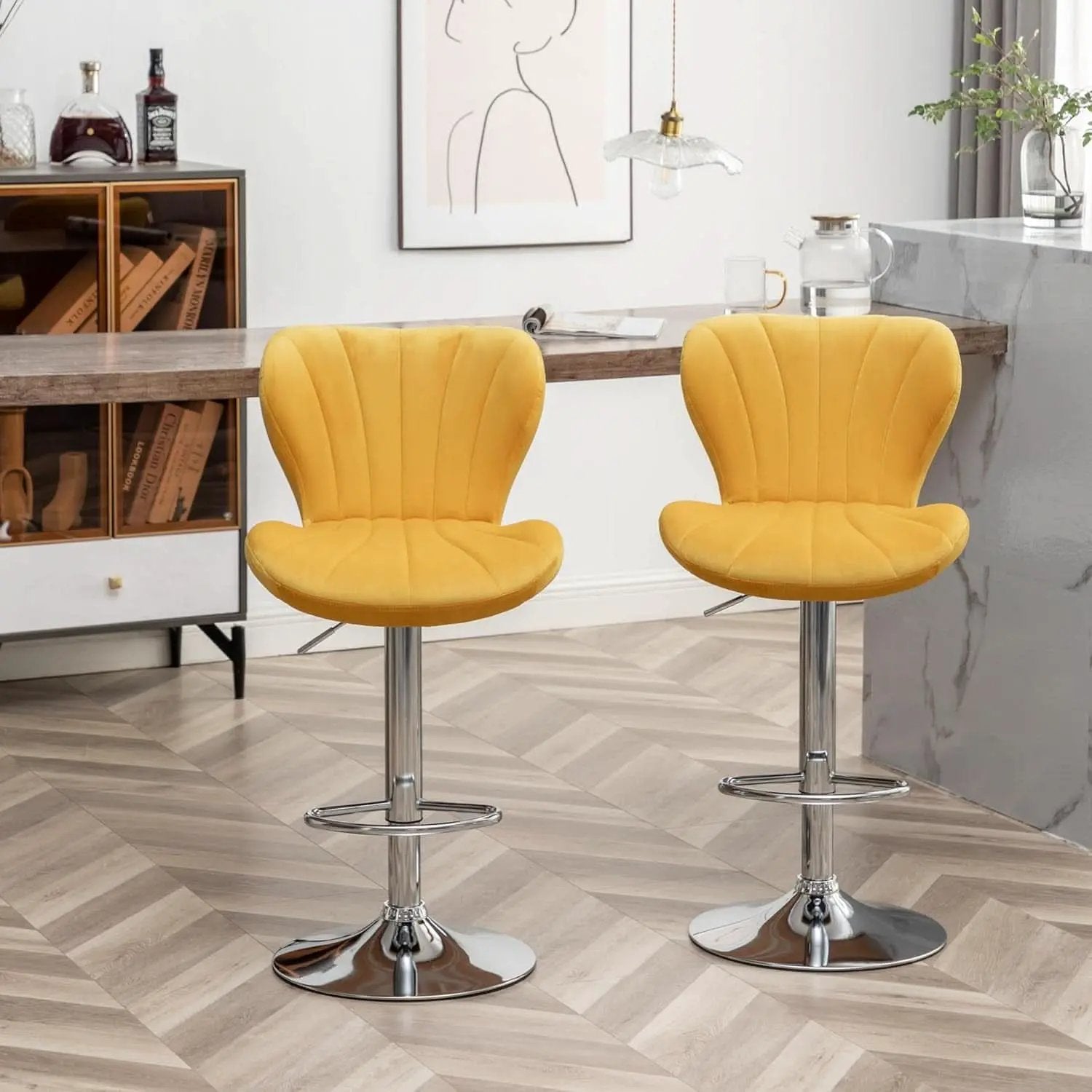 Yellow Adjustable Swivel Bar Stools Set Of 2 For Kitchen from PriceLows™
