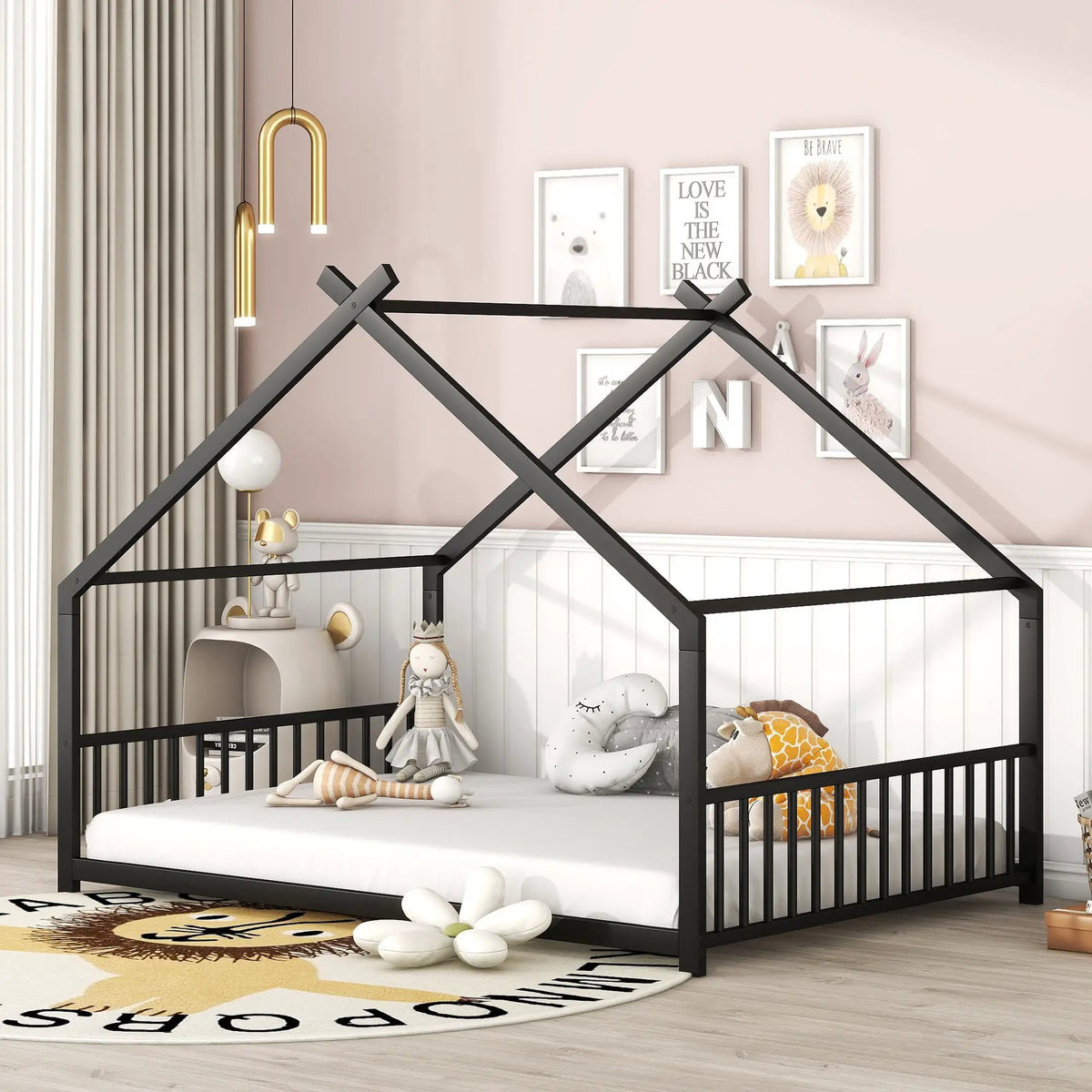 Metal House Bed | Roof Design | Semi-Enclosed Play Space | Contemporary Neutral Finish