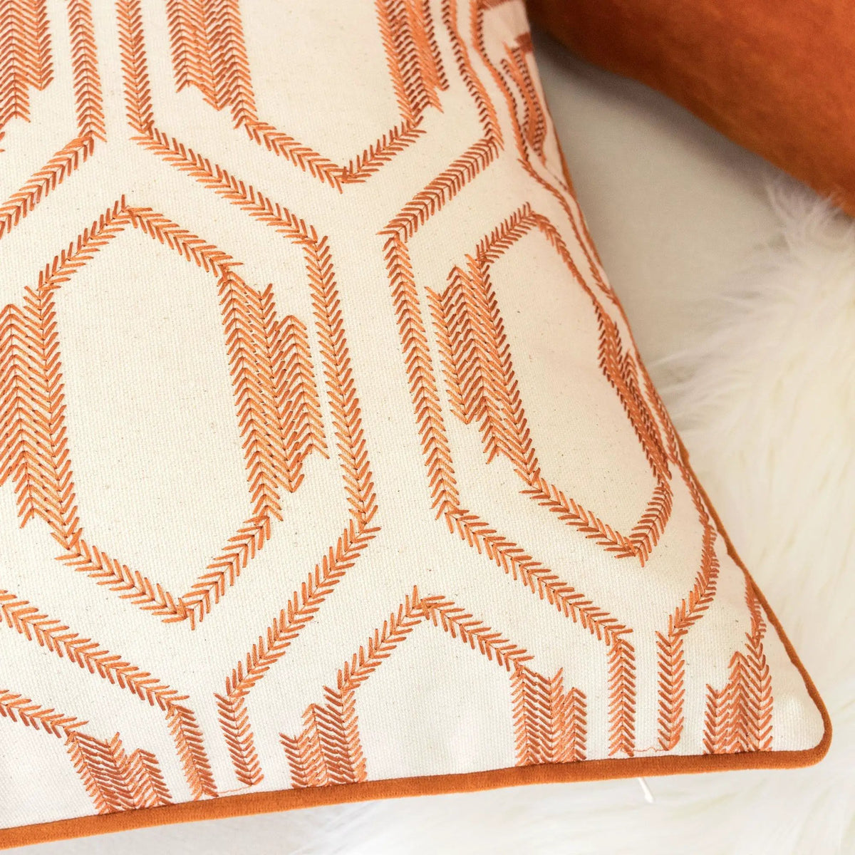 Geometric Embroidered Throw Pillow | Rust Burnt Orange | Natural Cotton Base | 20 x 20 Inch