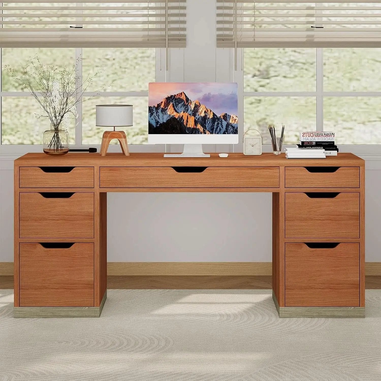 54 Inch Walnut Finish Executive Desk With Seven Drawers from PriceLows™