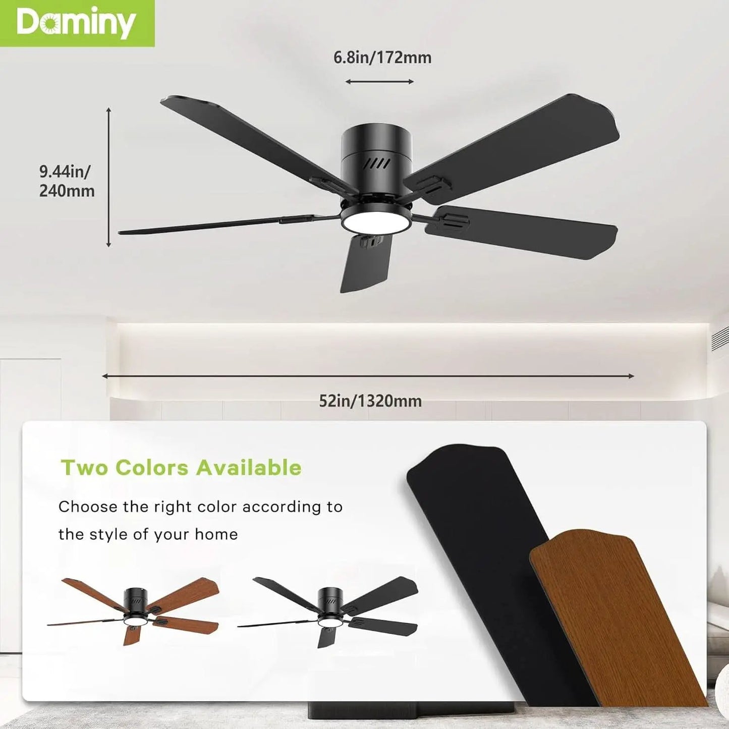 52 Inch Black Walnut DC Motor Ceiling Fan With Light Remote from PriceLows™