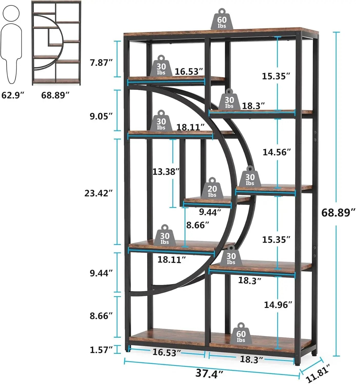 Industrial 5 Tier Etagere Bookcase Brown Rustic Finish from PriceLows™