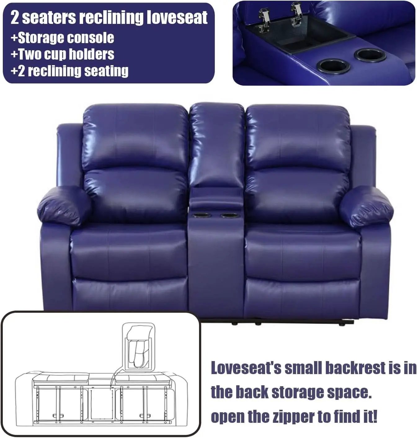 Blue Leather Reclining Sofa Set With Drop Table And Storage from PriceLows™