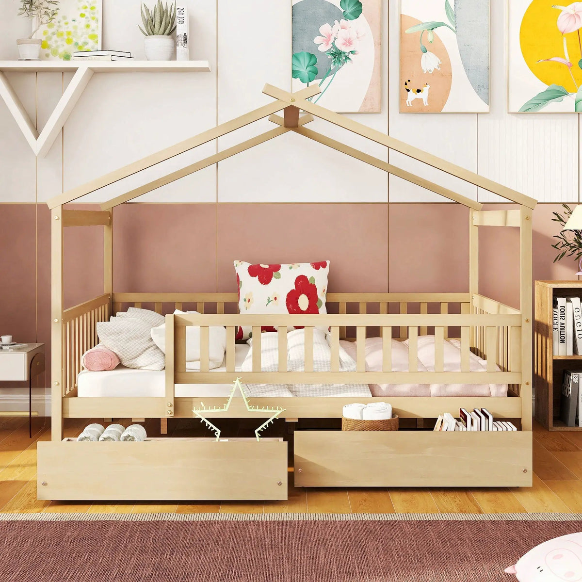 Kids House Bed With 2 Drawers | Sky Roof Design | Classic House Shape | 62.9 Inch Height