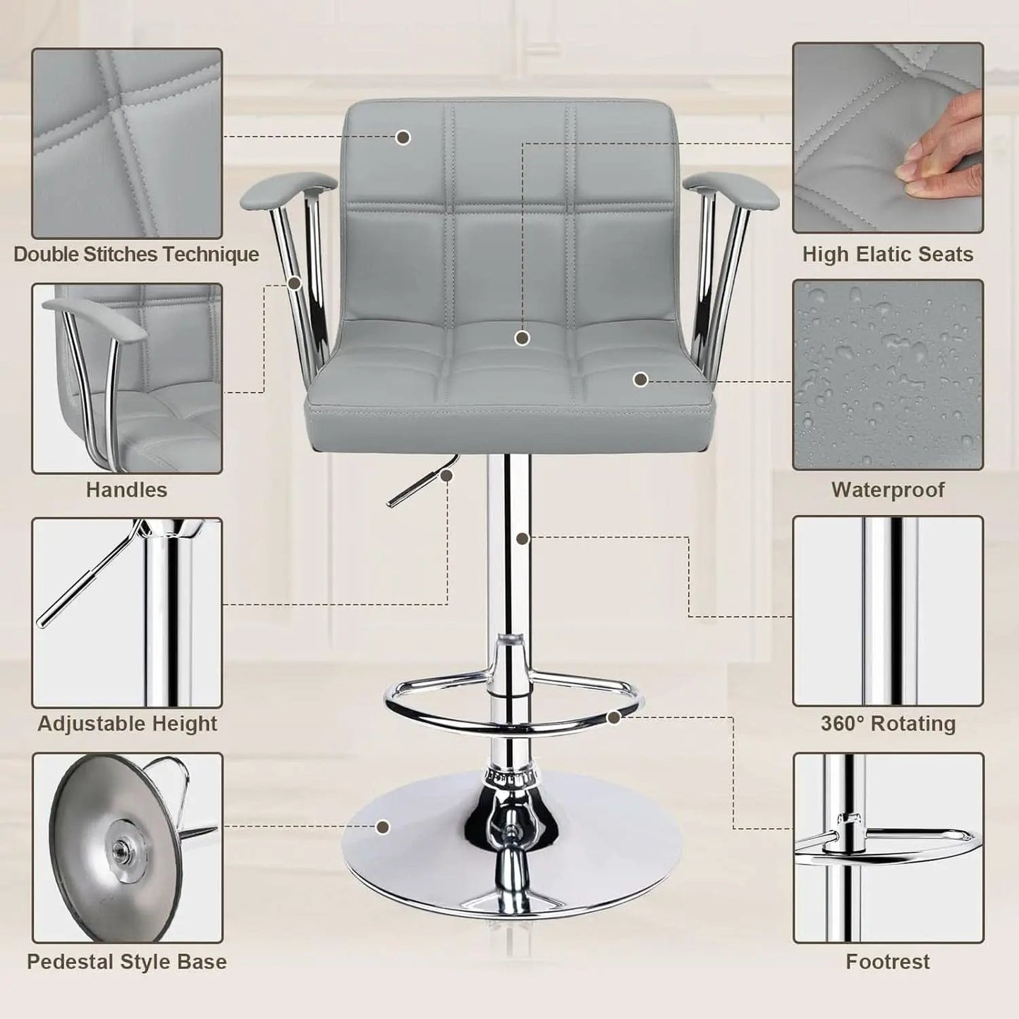Counter Height Bar Stools Set 2 Armrest Swivel Leather Grey from PriceLows™
