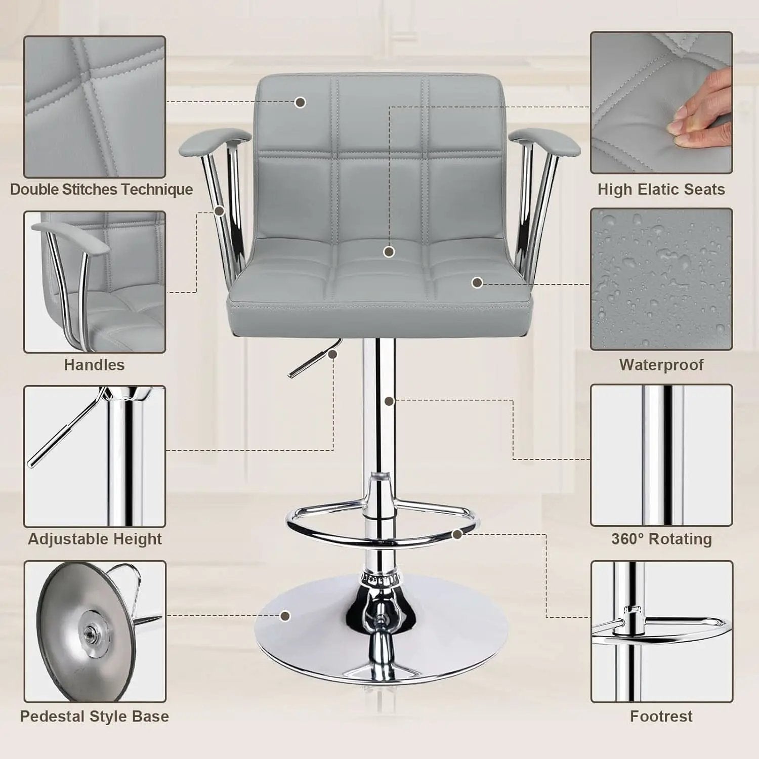 Counter Height Bar Stools Set 2 Armrest Swivel Leather Grey from PriceLows™