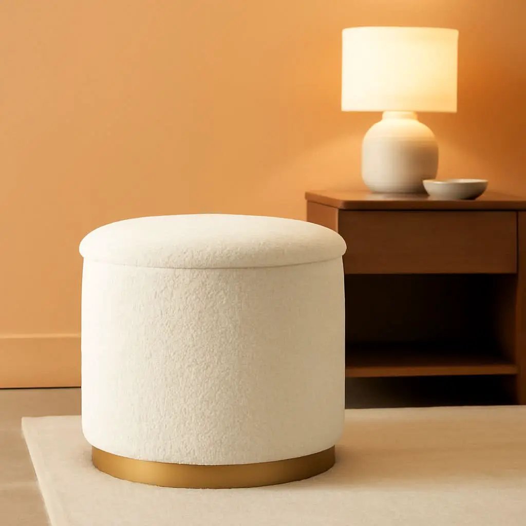 Round White Storage Space Ottoman Gold Plated Base Frame from PriceLows™