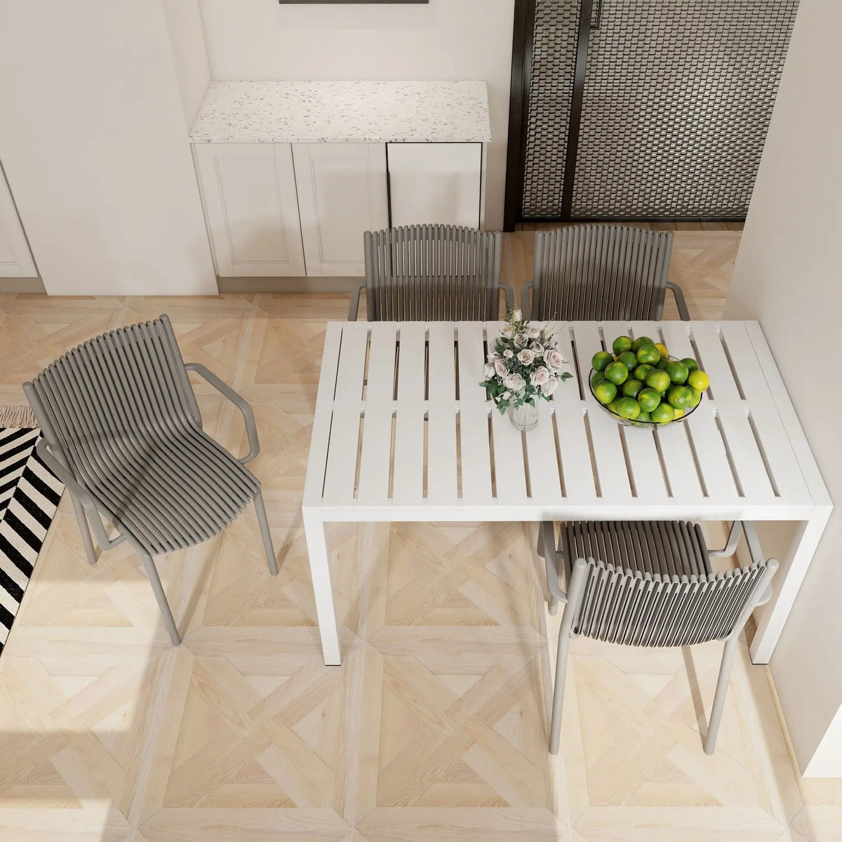 4 Modern Stackable Armchair Matched With Long Table 5 Piece Outdoor Set | 5 Piece Outdoor Set | Metal | Outdoor Living