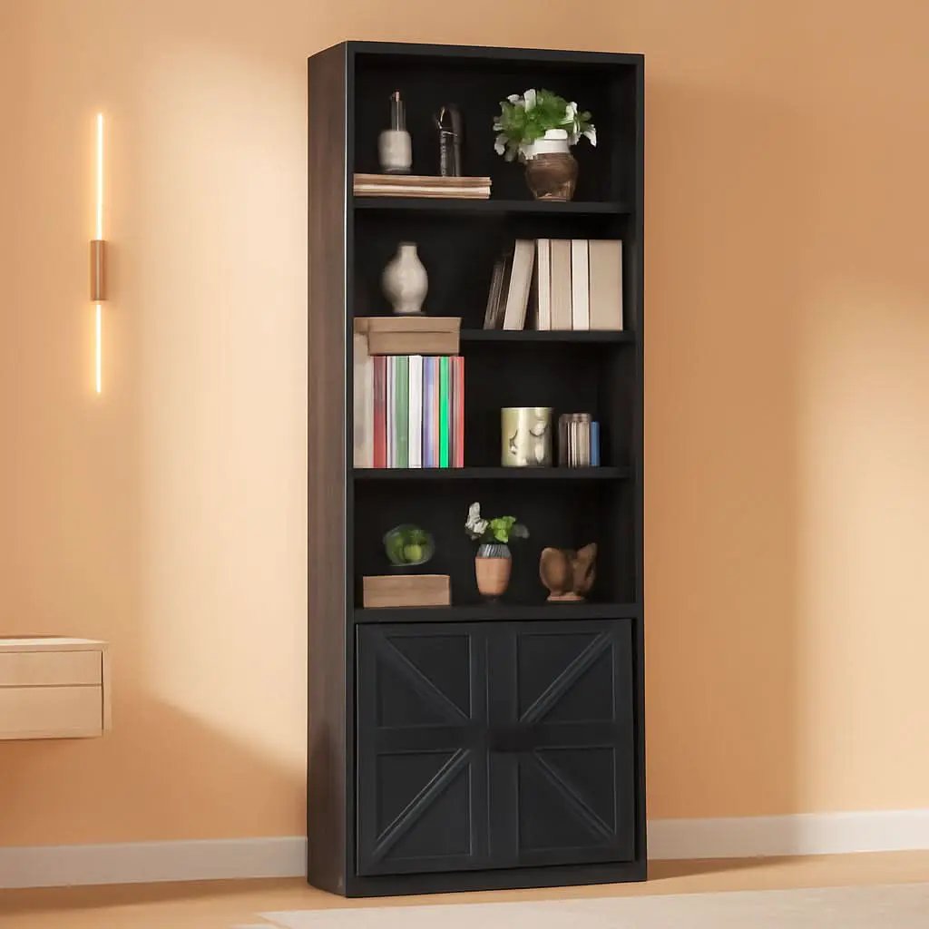 Industrial Bookshelf Cabinet With Doors Tall Black from PriceLows™