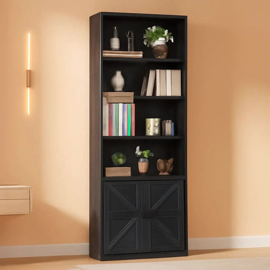 Industrial Bookshelf Cabinet With Doors Tall Black from PriceLows™