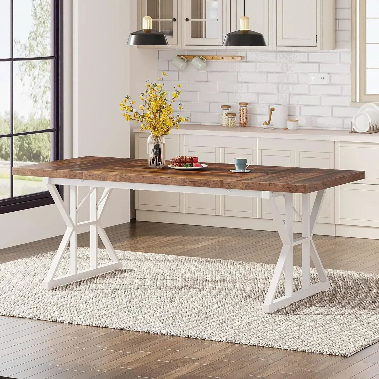 Farmhouse Dining Table For 6, 70.8 Inch Wood Table Two Tone from PriceLows™