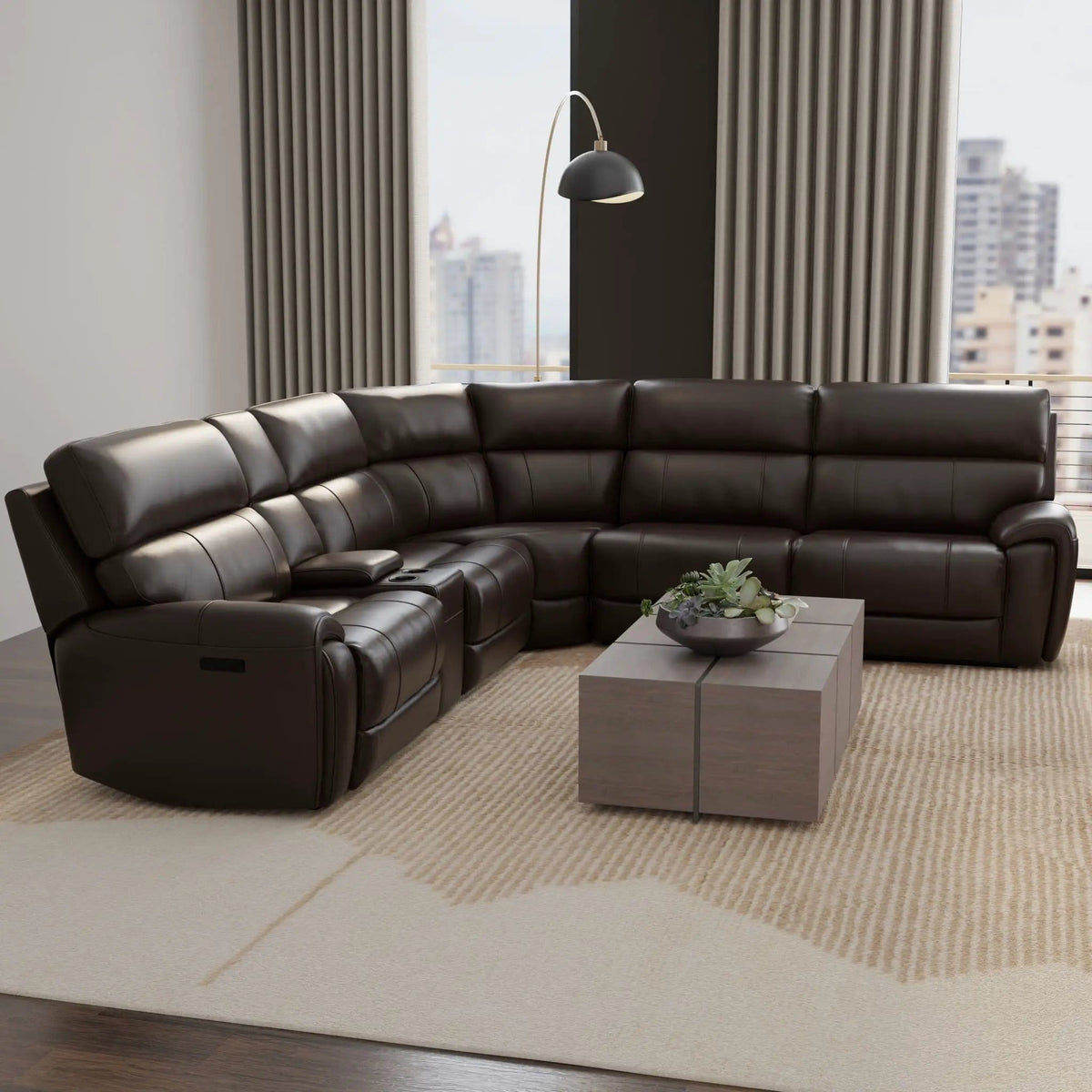 Brazil Power Sectional With Adjustable Headrest & Footrest | Reclining Sectional | Leather & Metal | Dark Brown