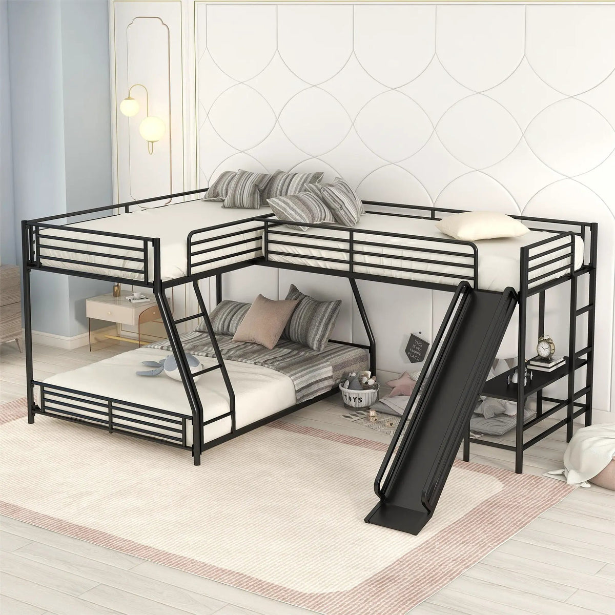 L Shaped Triple Bunk Bed | Twin Over Full Frame | Built In Desk | Black