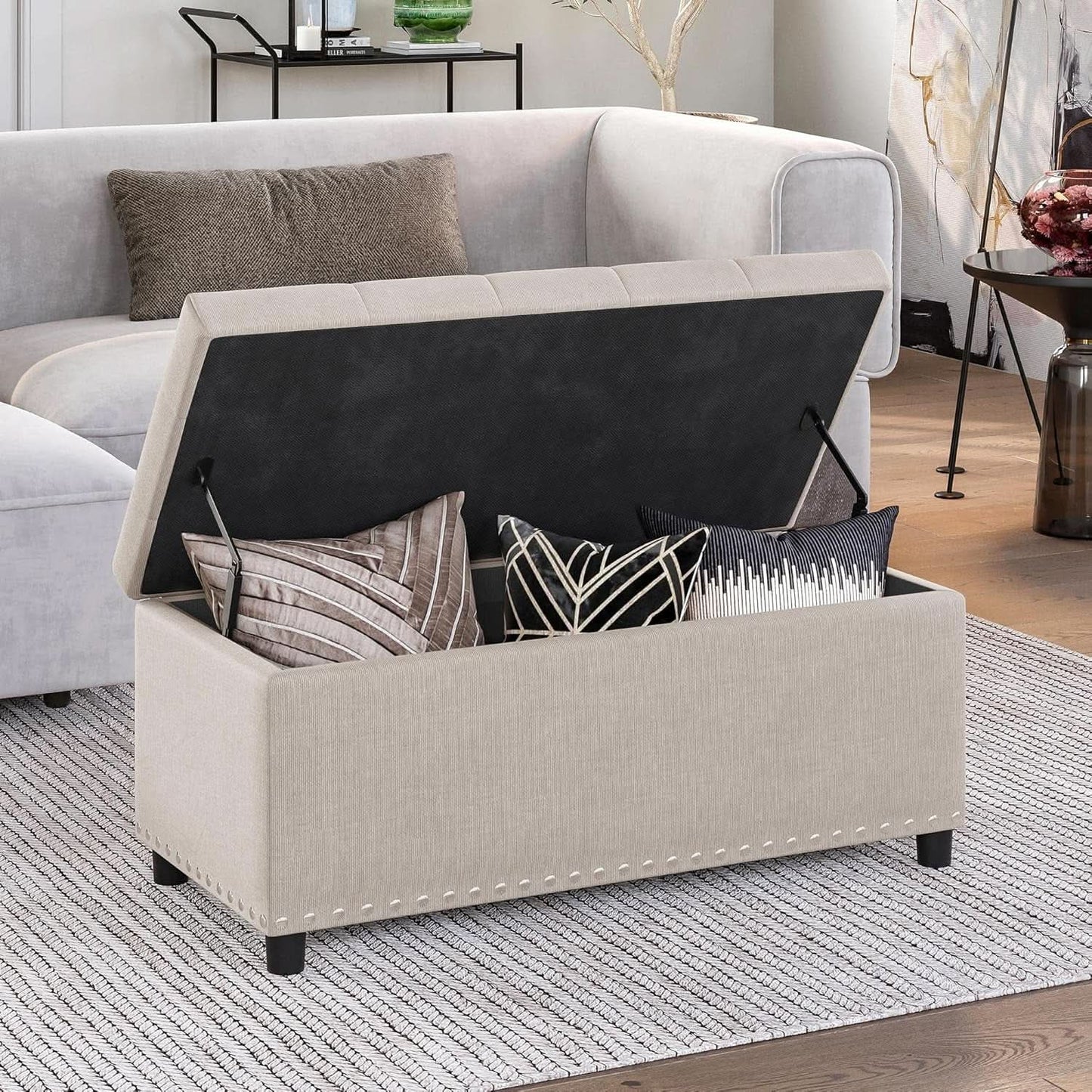 Rectangular Thirty Five Inch Beige Tufted Storage Ottoman Upholstered from PriceLows™