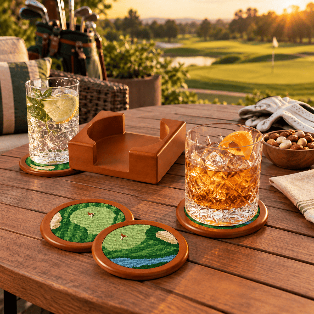 Golf Coasters, Durable Wooden Drink Coasters with Holder | Home Decor | Gift Ready