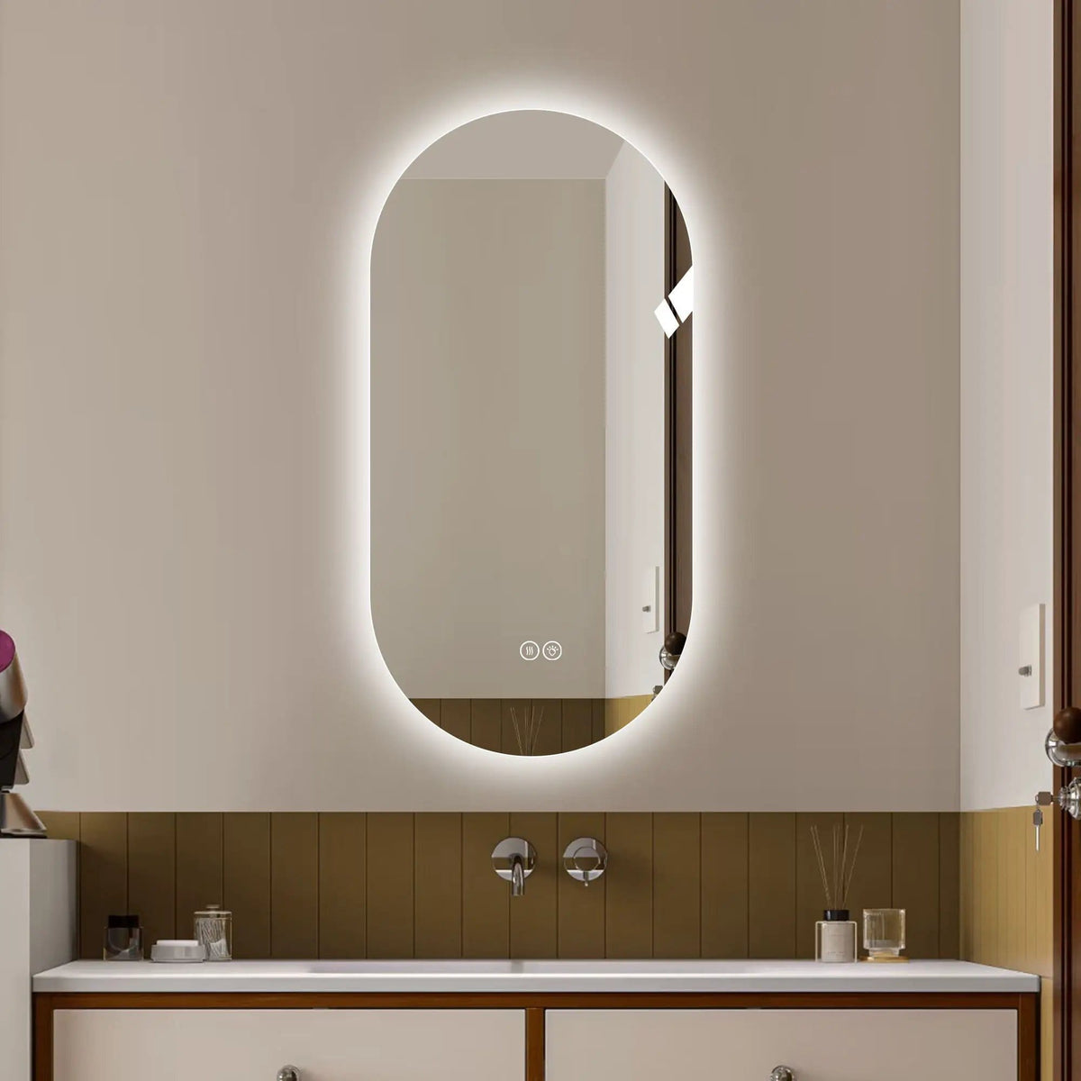 Smart Wall Mounted LED Touch Screen Mirror With Anti-Fog Function And Adjustable | 2 Pieces | Tempered Glass | Home
