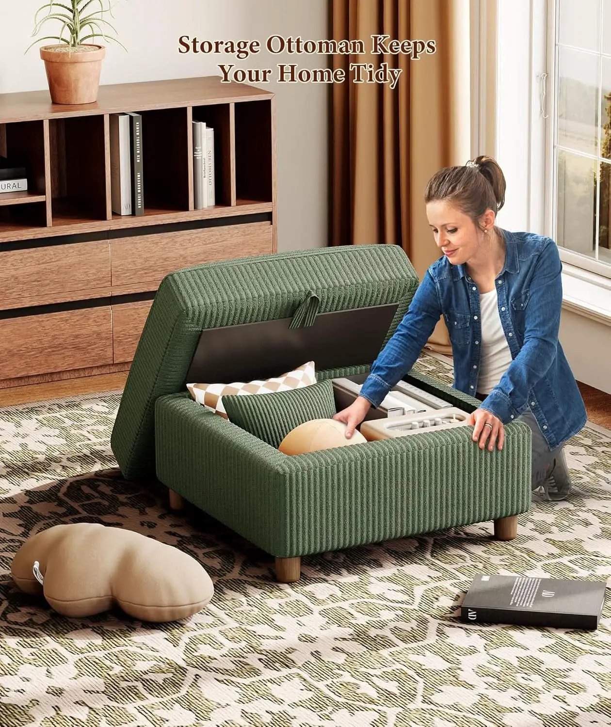 Emerald Corduroy Storage Ottoman 25 Inch Cushioned from PriceLows™