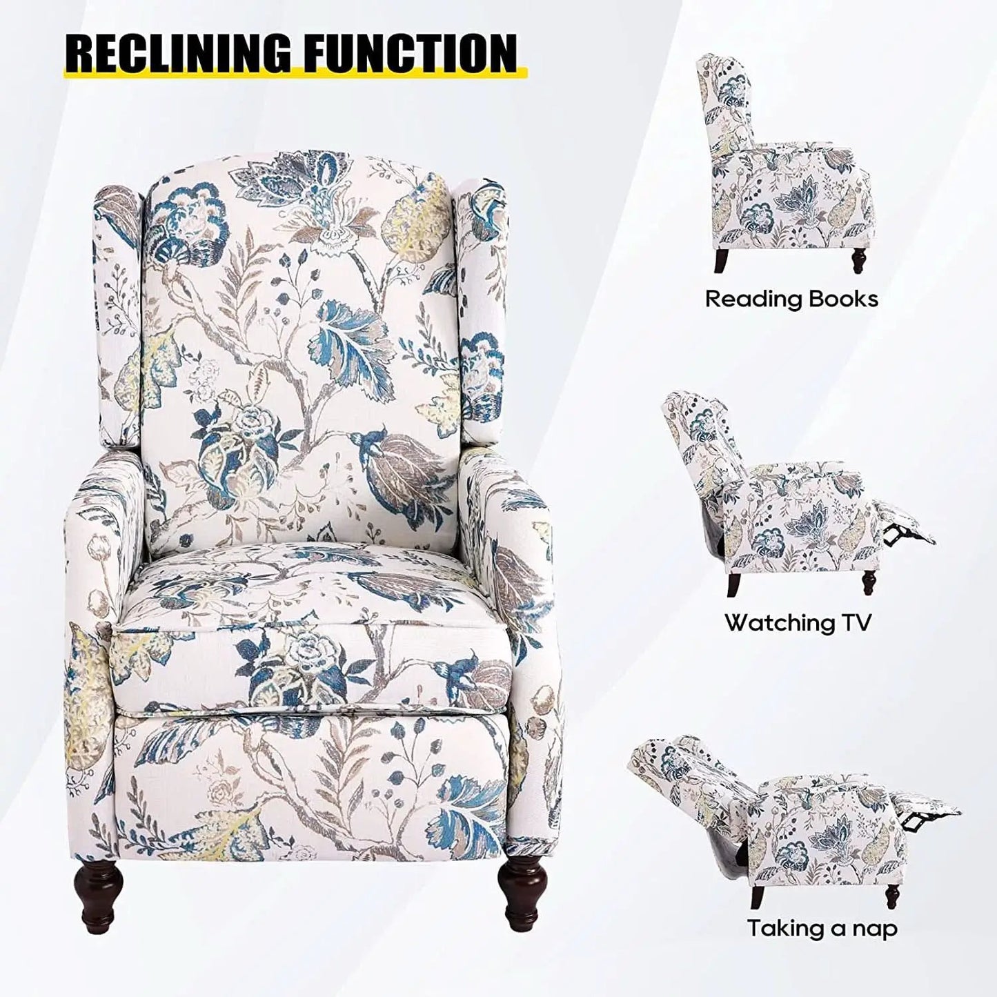 Upholstered Wingback Recliner Chair Blue Floral Elegant from PriceLows™