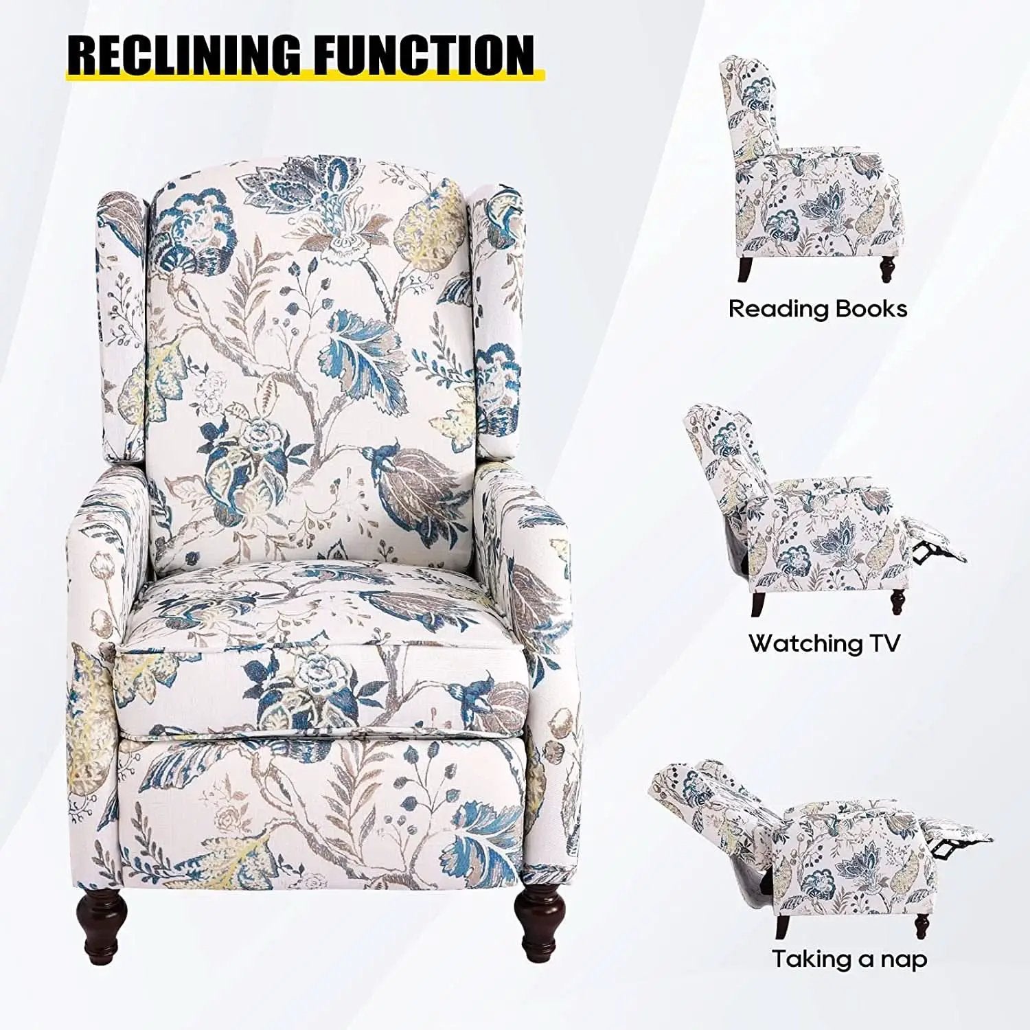 Upholstered Wingback Recliner Chair Blue Floral Elegant from PriceLows™