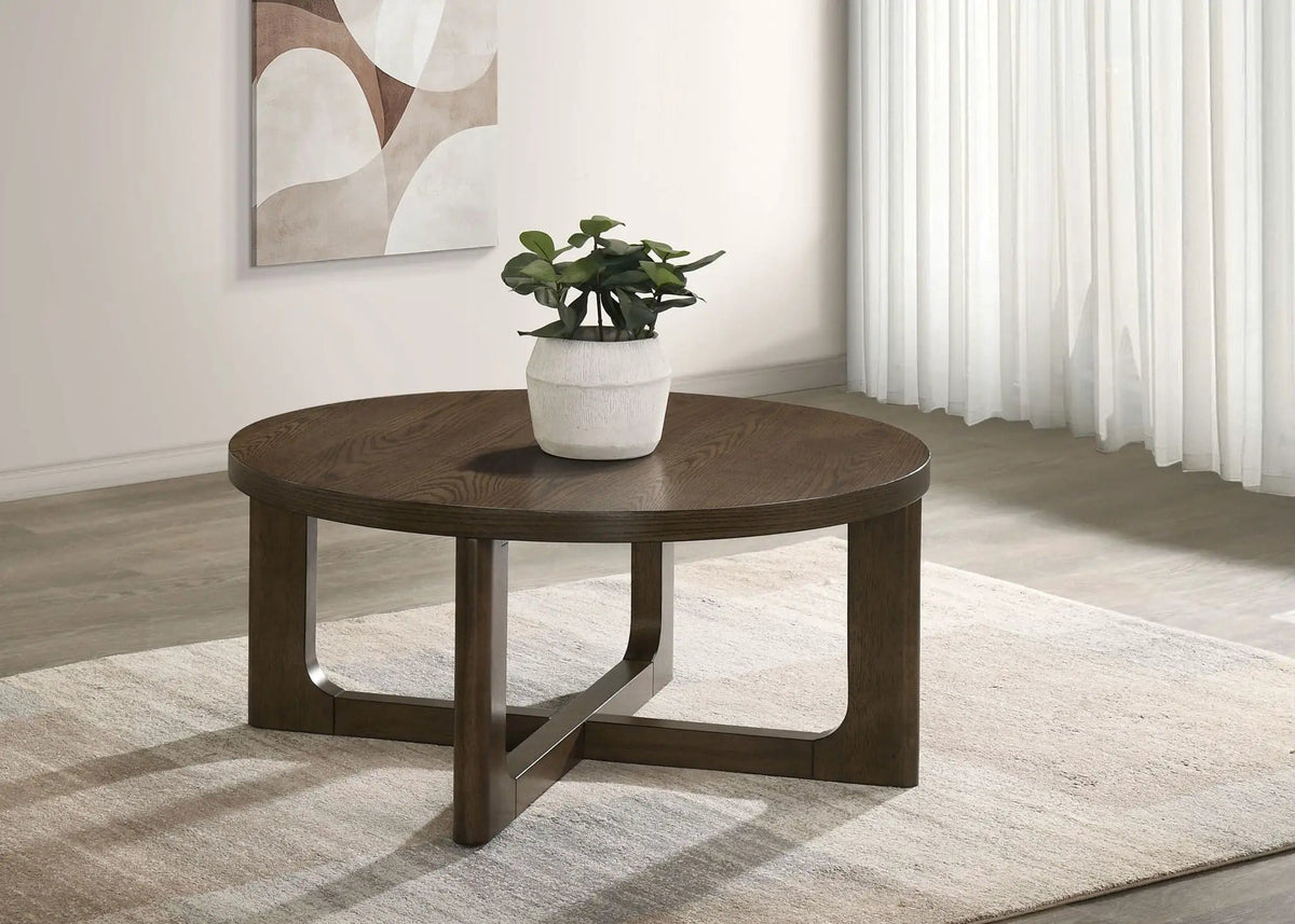Kessler Round Sculptural Wood Coffee Table | 35.5 x 35.5 x 16.25 in | Rubberwood & Engineered Wood | Brown