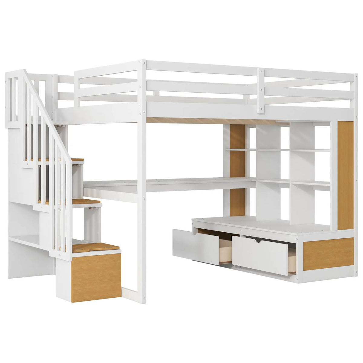 Full Size Loft Bed | Desk Shelves Drawers | Storage Staircase | Natural White