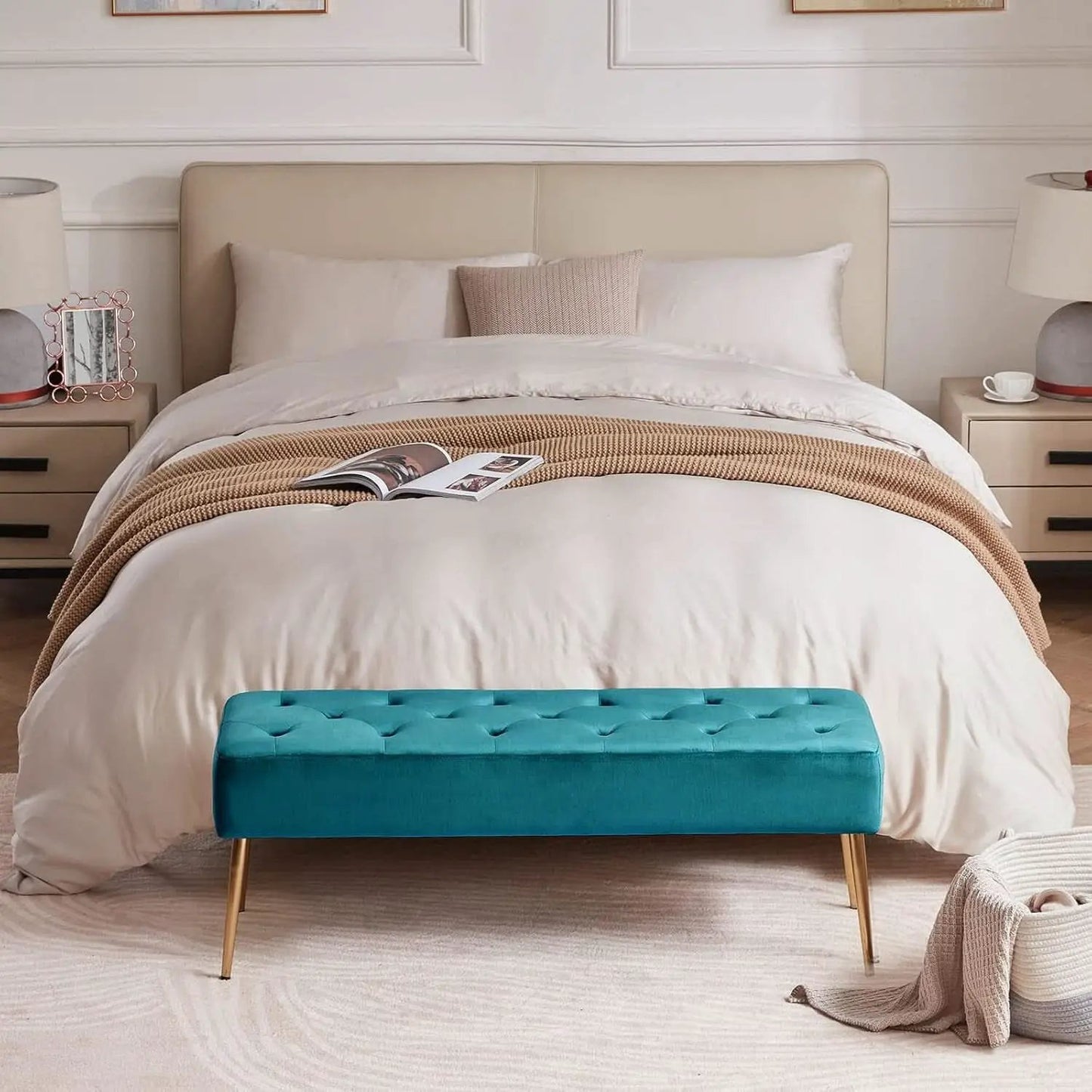 Velvet Upholstered Button Tufted Ottoman Gold Base from PriceLows™