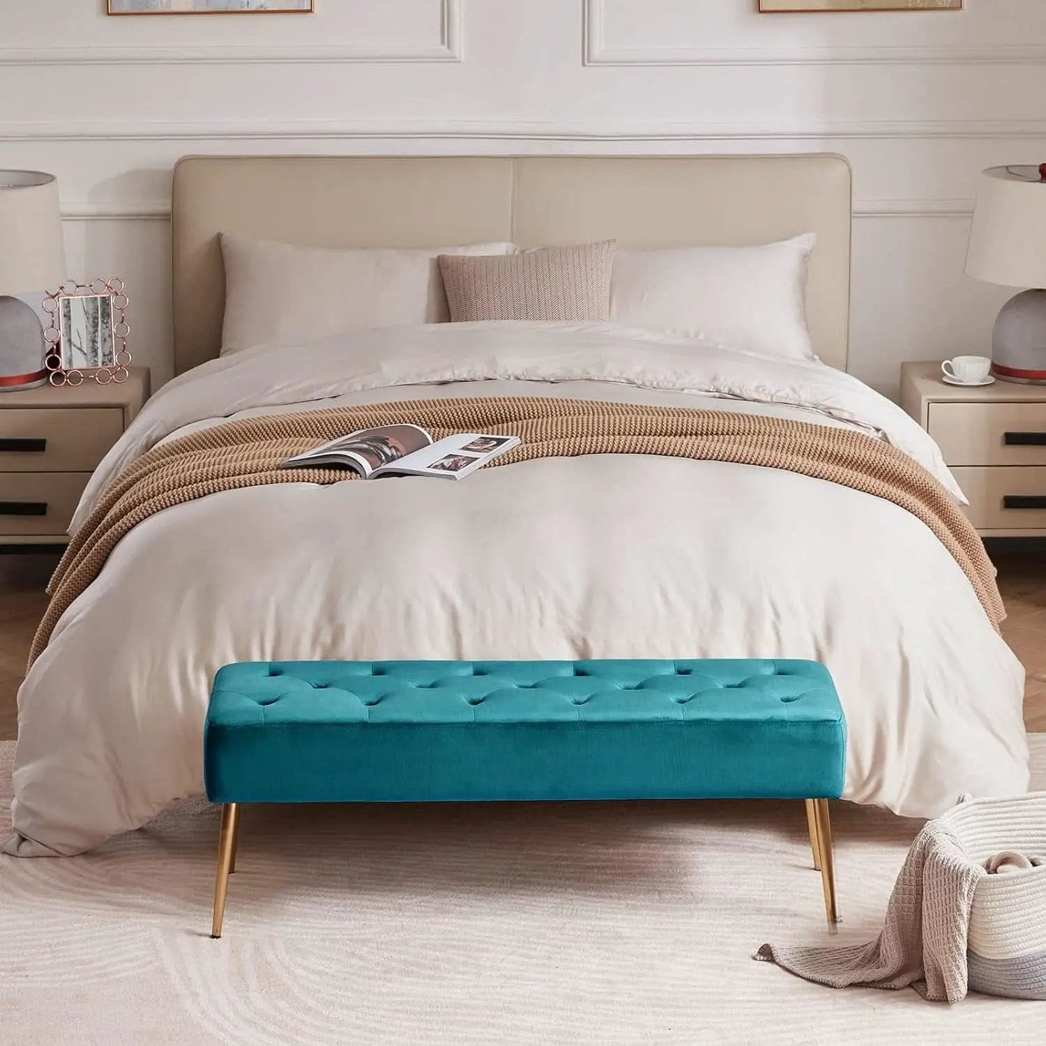 Velvet Upholstered Button Tufted Ottoman Gold Base from PriceLows™