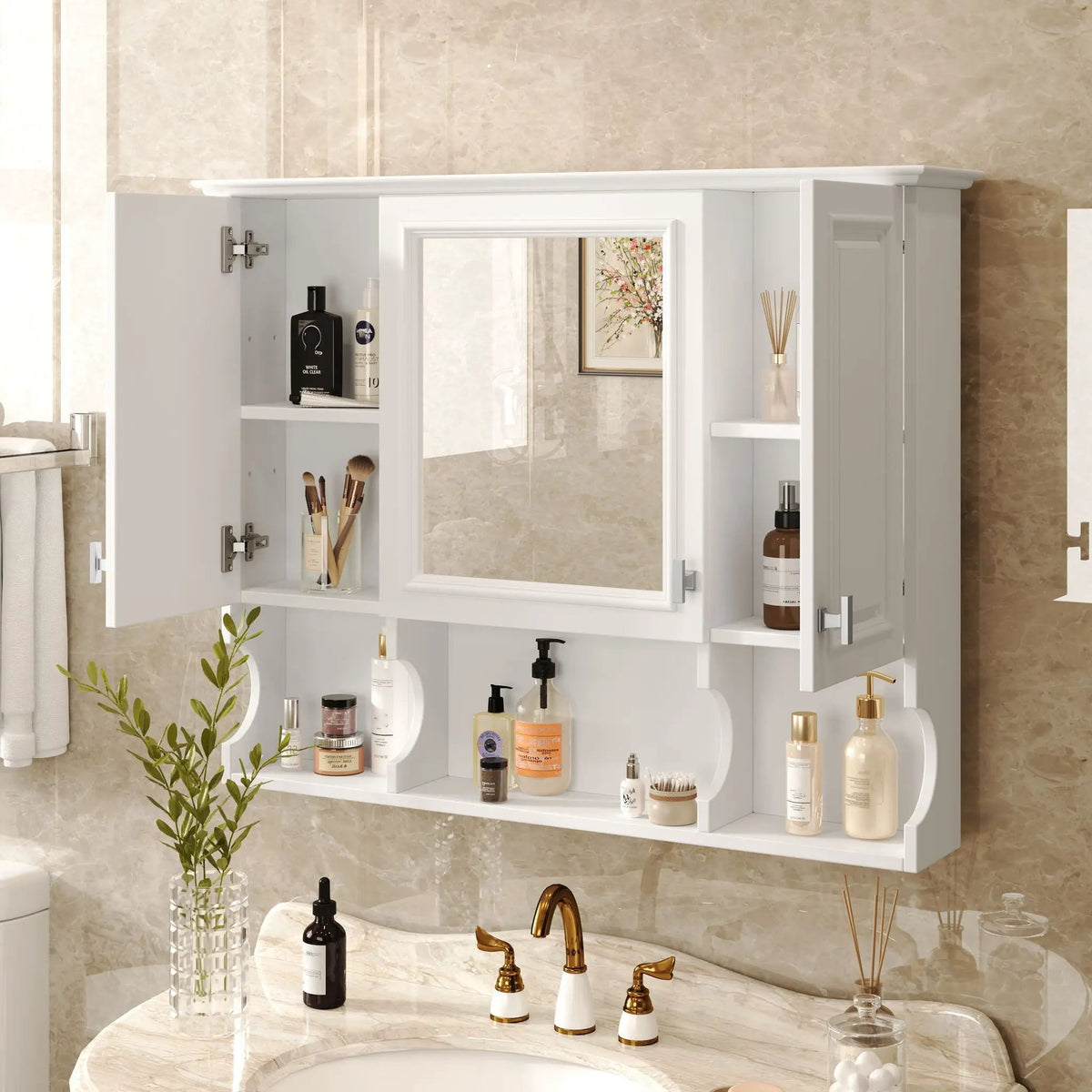 Wall Mounted Medicine Cabinet | Mirror | Open Shelves | 35 Inch Width