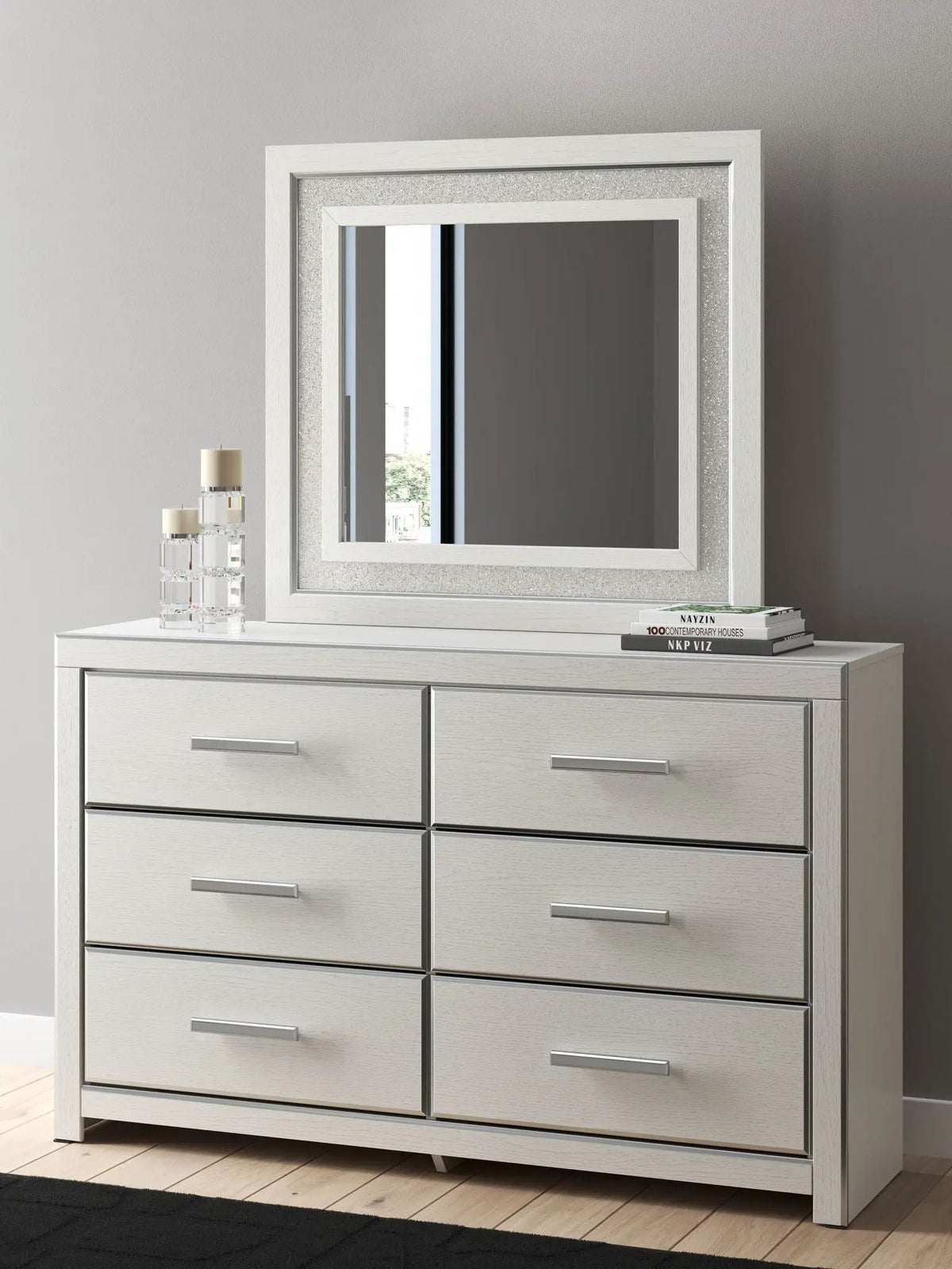 Zuraleus Six Drawer Dresser | Large-Scale Handles | Chrome-Tone Details | Glam Style